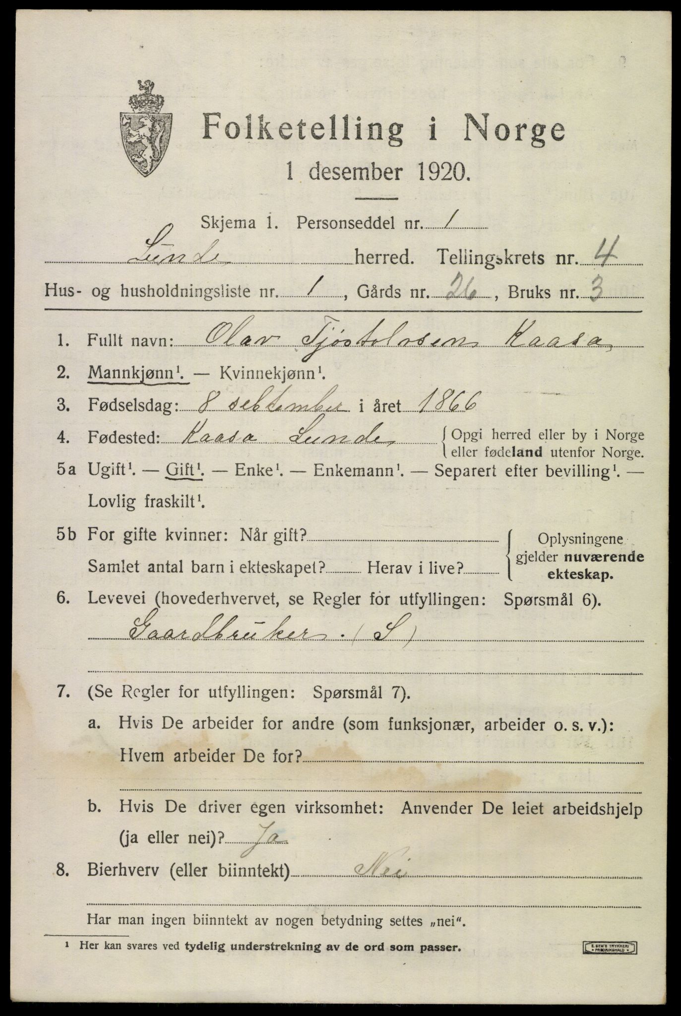 SAKO, 1920 census for Lunde, 1920, p. 2989