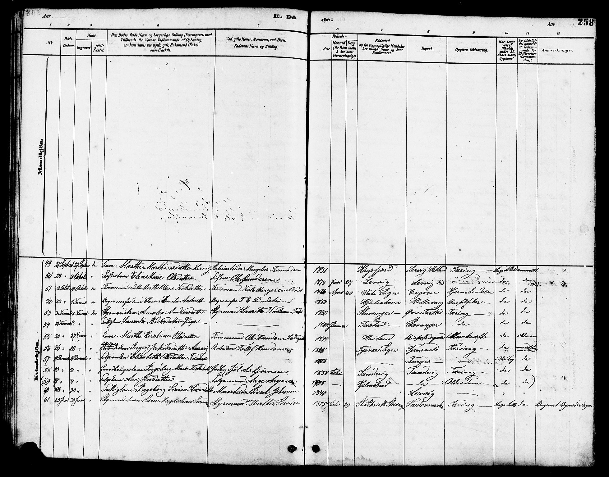 Hetland sokneprestkontor, AV/SAST-A-101826/30/30BB/L0005: Parish register (copy) no. B 5, 1878-1910, p. 258