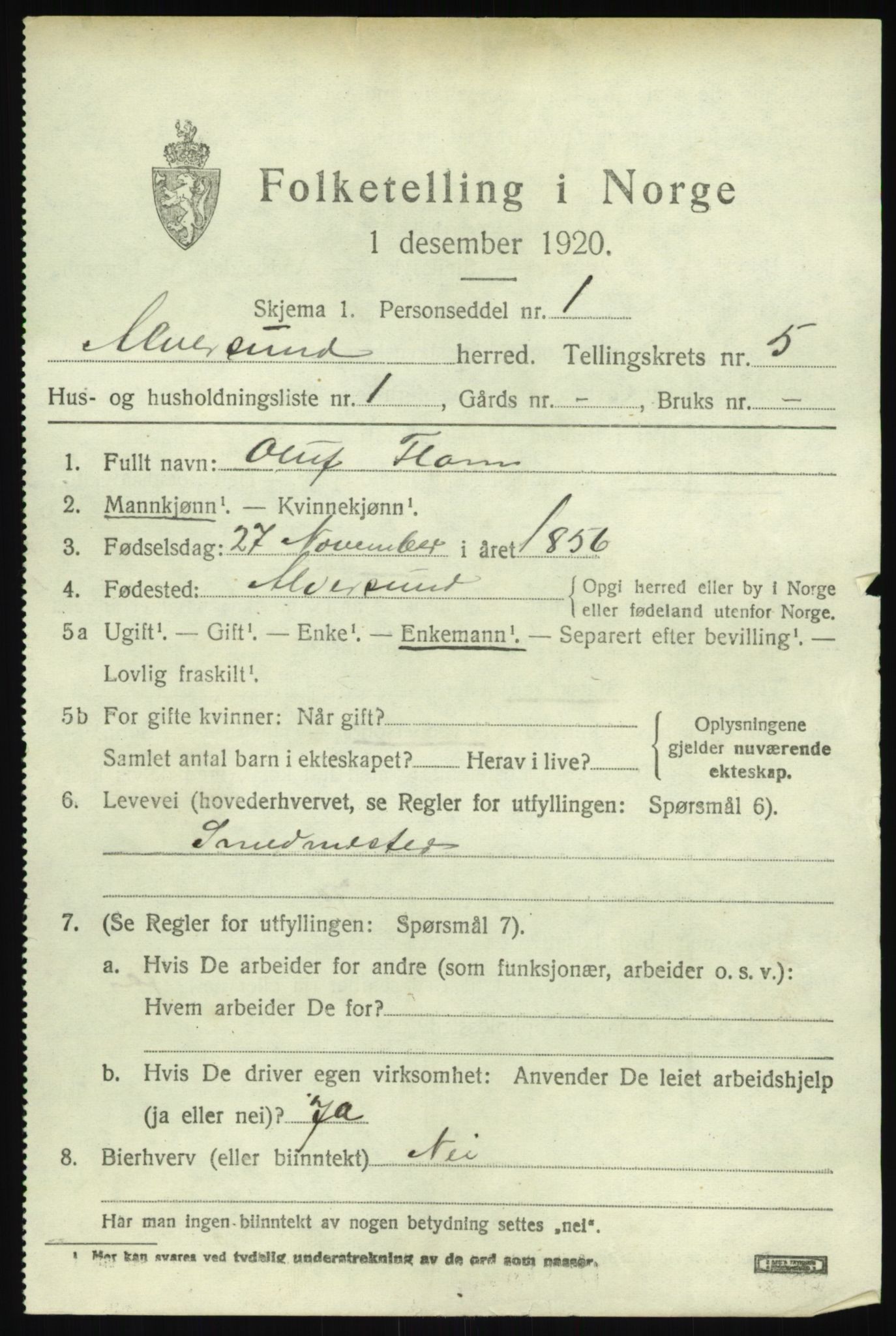 SAB, 1920 census for Alversund, 1920, p. 3854