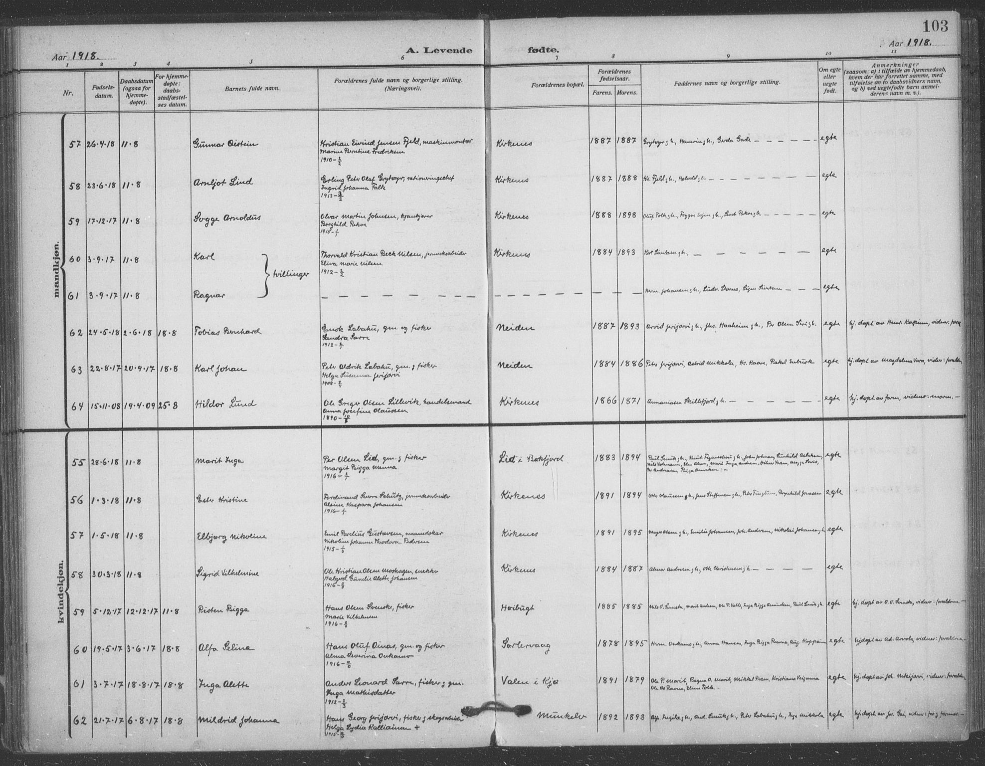 Sør-Varanger sokneprestkontor, AV/SATØ-S-1331/H/Ha/L0005kirke: Parish register (official) no. 5, 1909-1919, p. 103