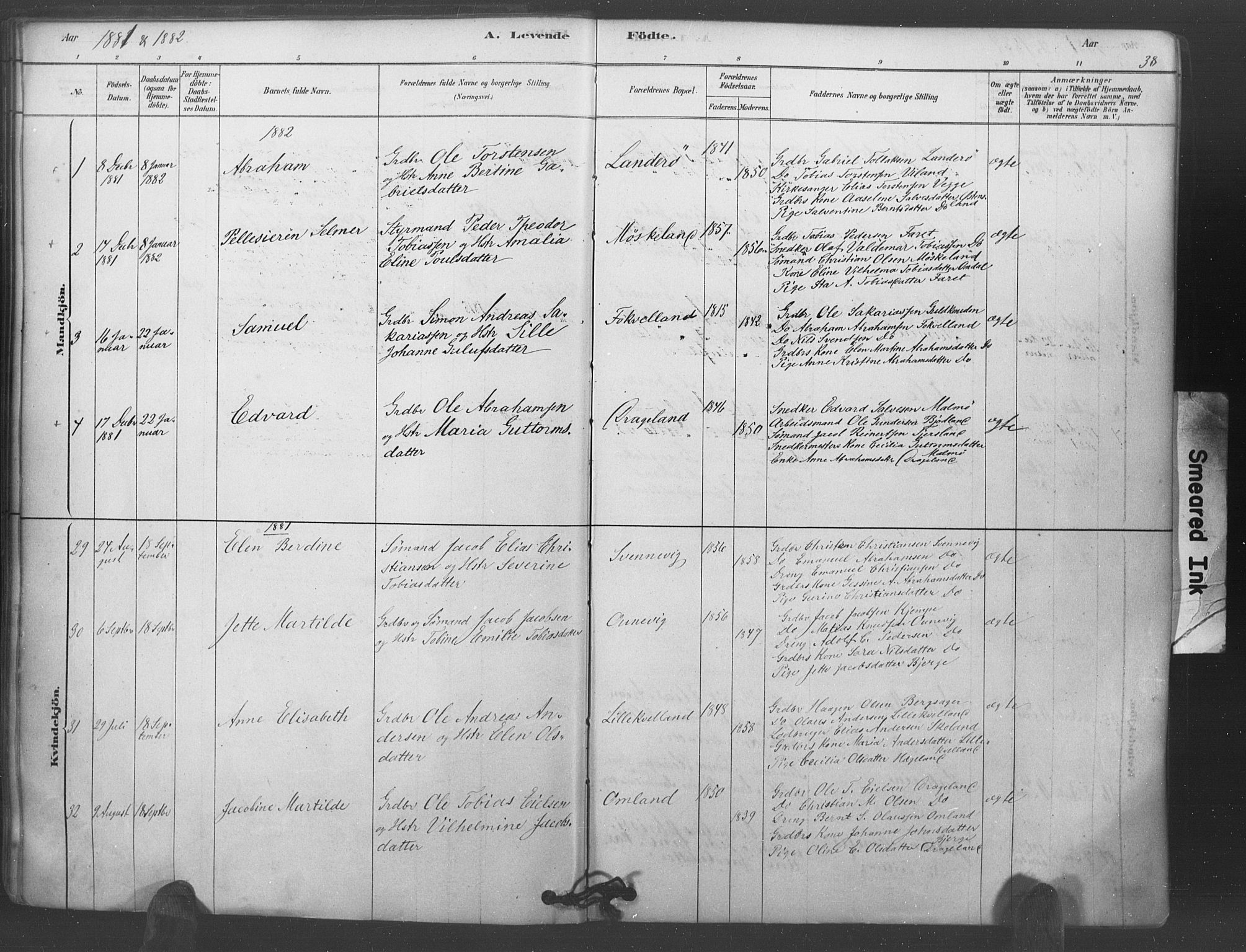 Lyngdal sokneprestkontor, AV/SAK-1111-0029/F/Fa/Fac/L0011: Parish register (official) no. A 11, 1878-1893, p. 38