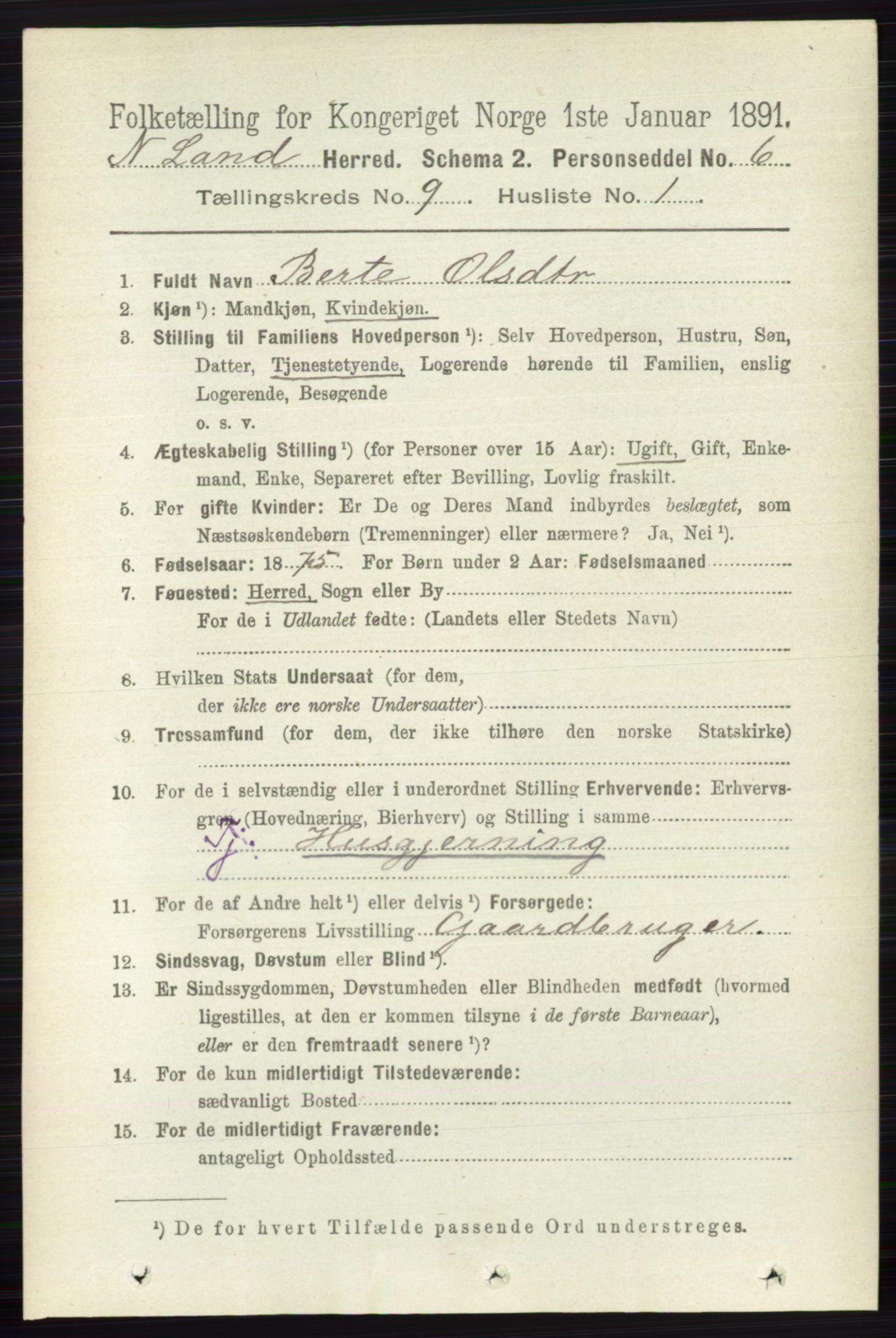 RA, 1891 census for 0538 Nordre Land, 1891, p. 2561