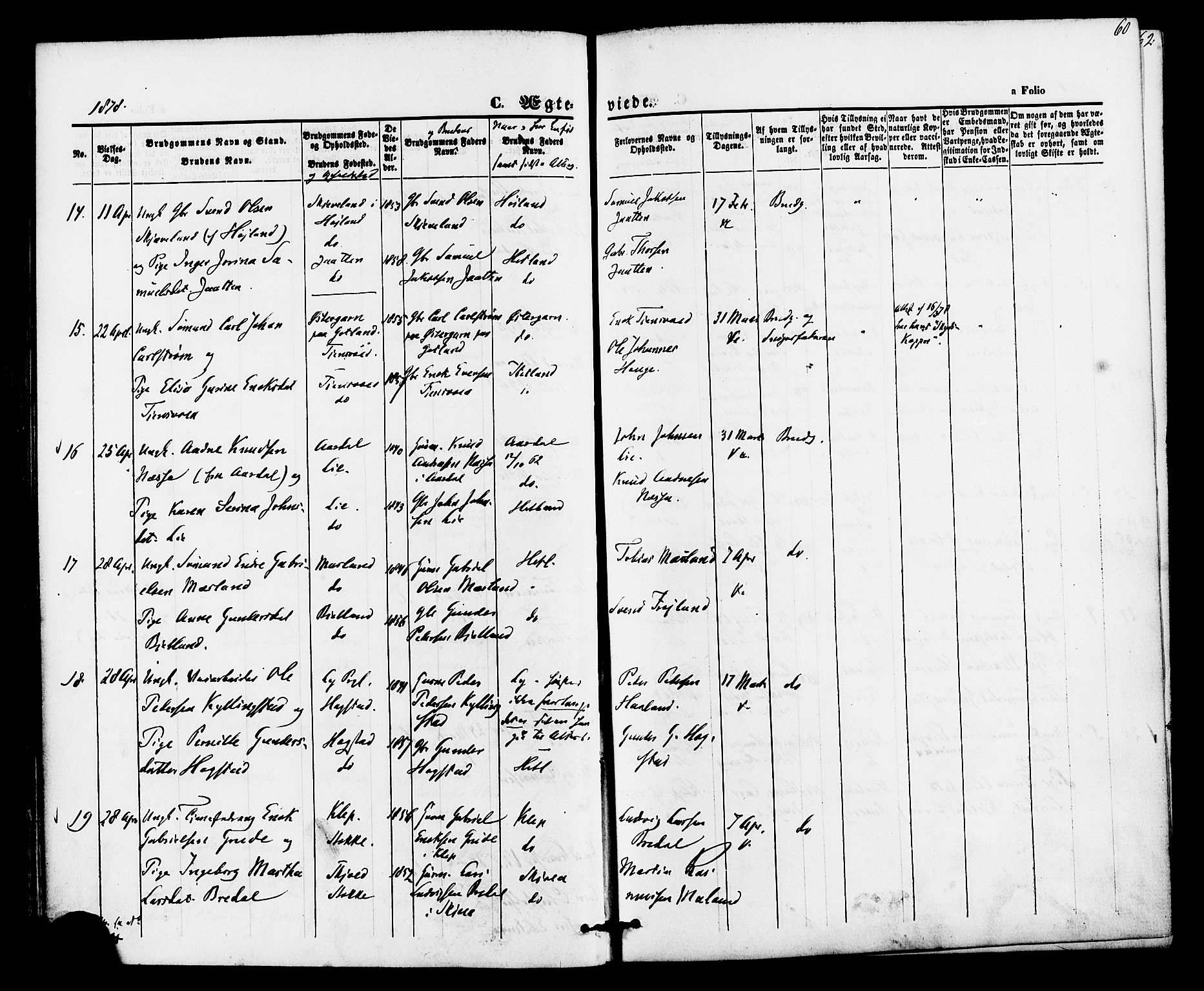 Hetland sokneprestkontor, AV/SAST-A-101826/30/30BA/L0005: Parish register (official) no. A 5, 1869-1884, p. 60