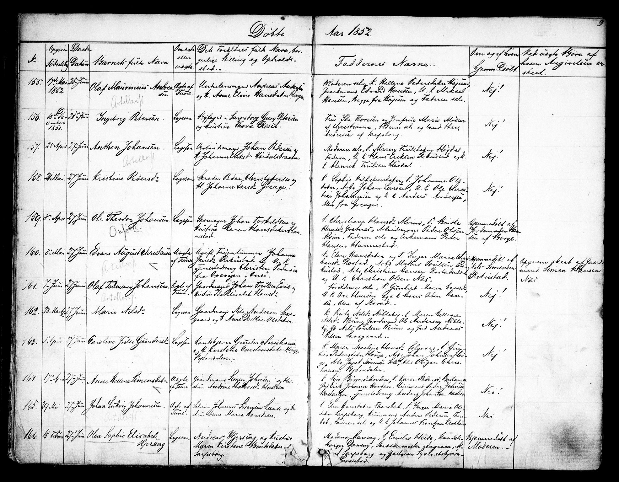 Tune prestekontor Kirkebøker, AV/SAO-A-2007/F/Fa/L0011: Parish register (official) no. 11, 1852-1856, p. 9