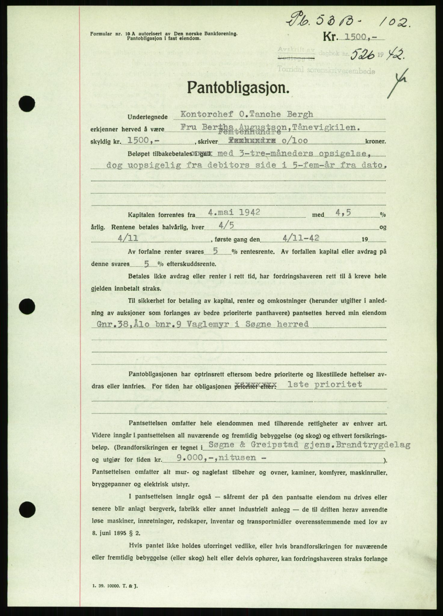 Torridal sorenskriveri, SAK/1221-0012/G/Gb/Gbb/L0009: Mortgage book no. 53b, 1942-1943, Diary no: : 526/1942