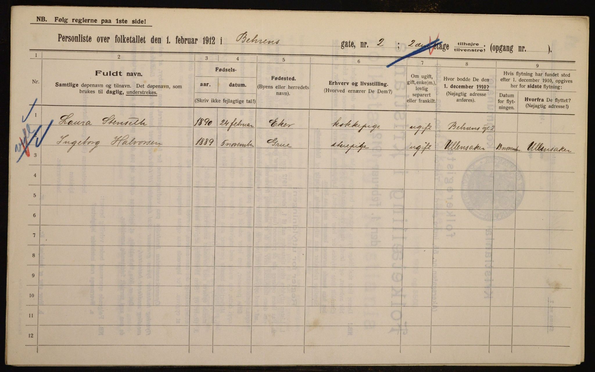 OBA, Municipal Census 1912 for Kristiania, 1912, p. 3271