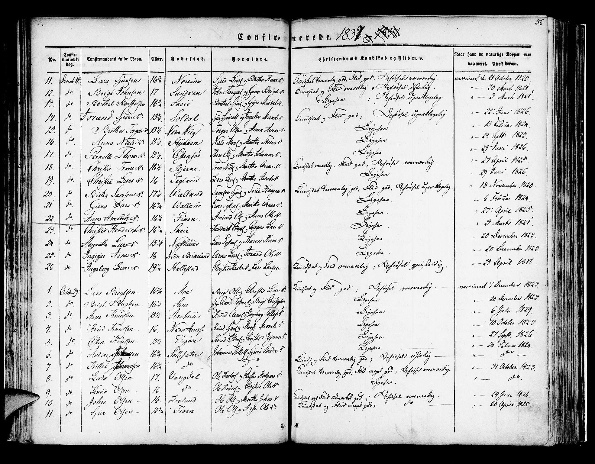 Kvam sokneprestembete, SAB/A-76201/H/Haa: Parish register (official) no. A 7, 1832-1843, p. 56