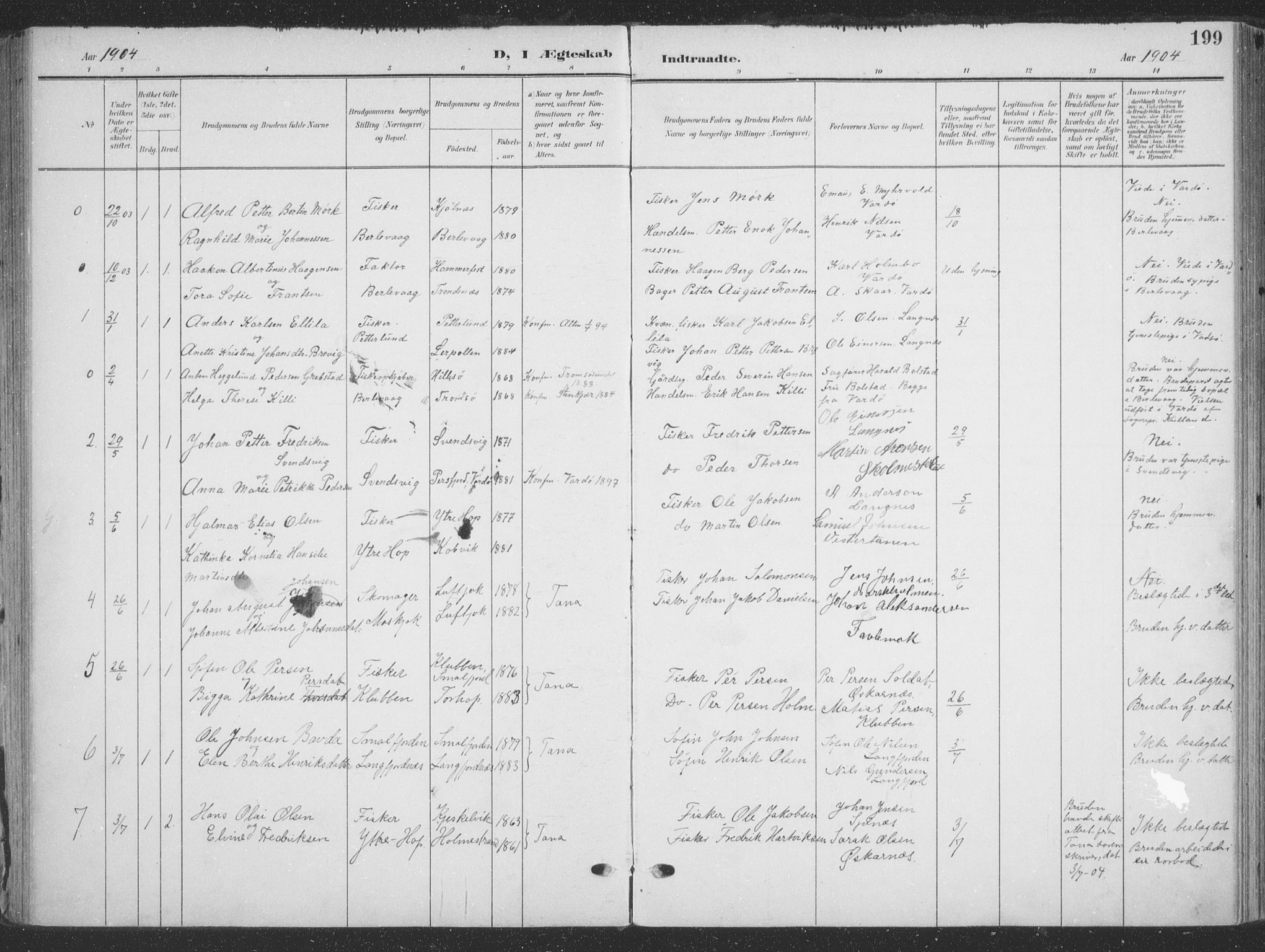 Tana sokneprestkontor, SATØ/S-1334/H/Ha/L0007kirke: Parish register (official) no. 7, 1904-1918, p. 199