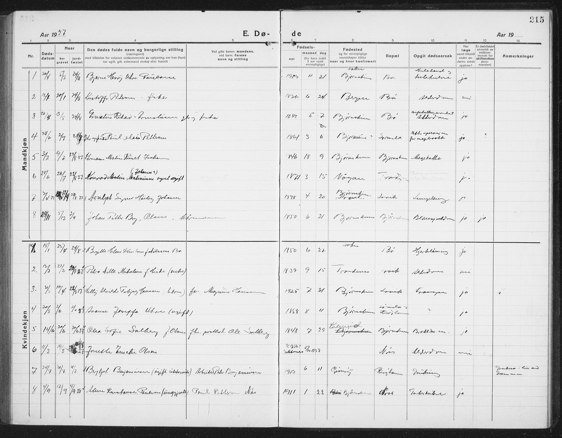 Ministerialprotokoller, klokkerbøker og fødselsregistre - Nordland, AV/SAT-A-1459/898/L1428: Parish register (copy) no. 898C03, 1918-1938, p. 215