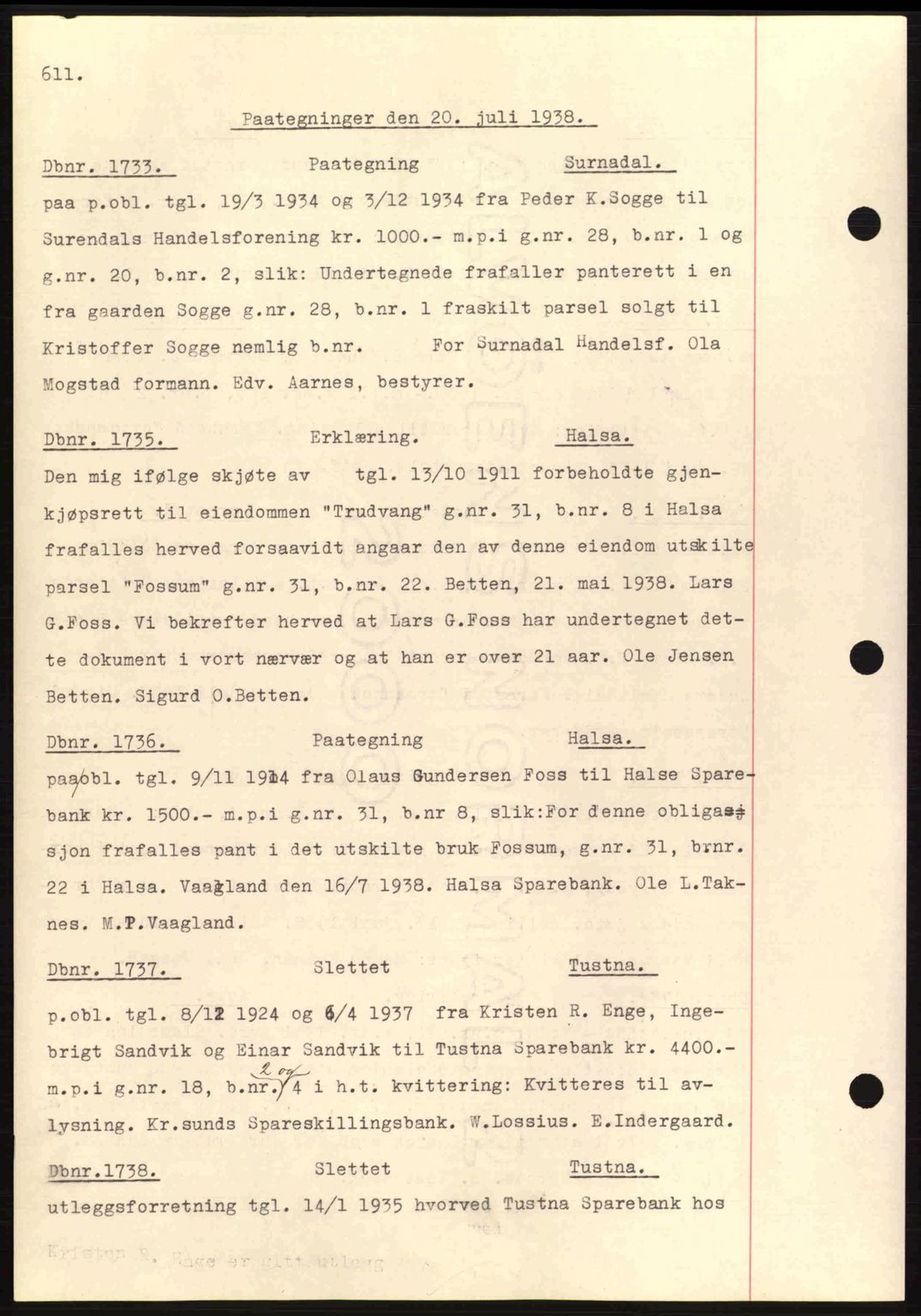 Nordmøre sorenskriveri, AV/SAT-A-4132/1/2/2Ca: Mortgage book no. C80, 1936-1939, Diary no: : 1733/1938