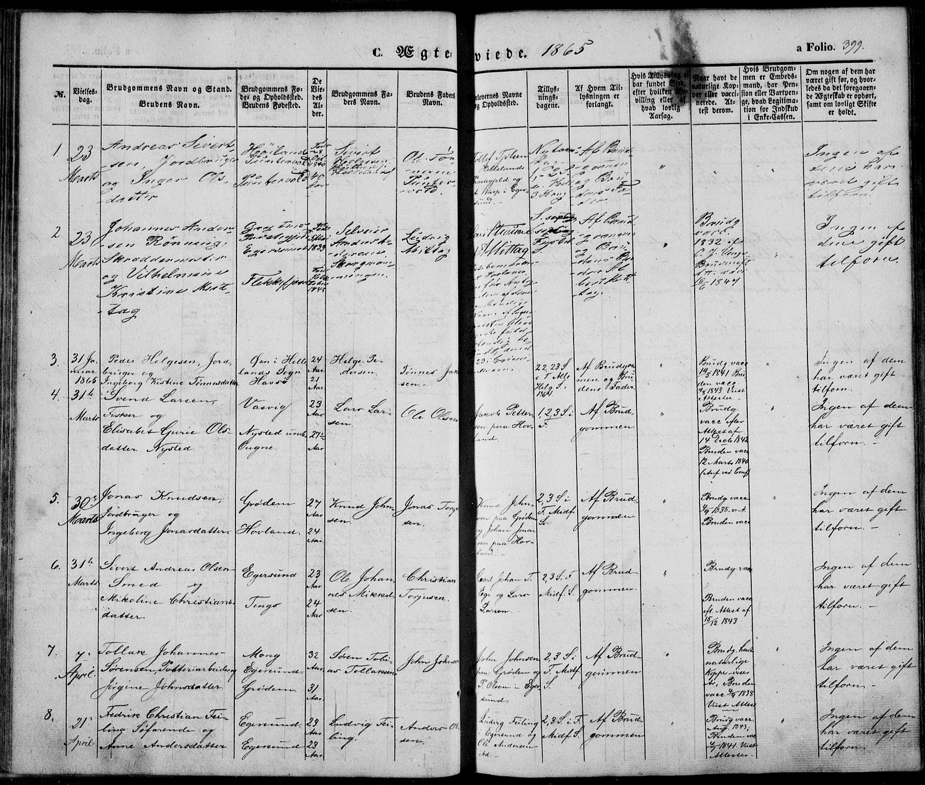 Eigersund sokneprestkontor, SAST/A-101807/S08/L0013: Parish register (official) no. A 12.2, 1850-1865, p. 399