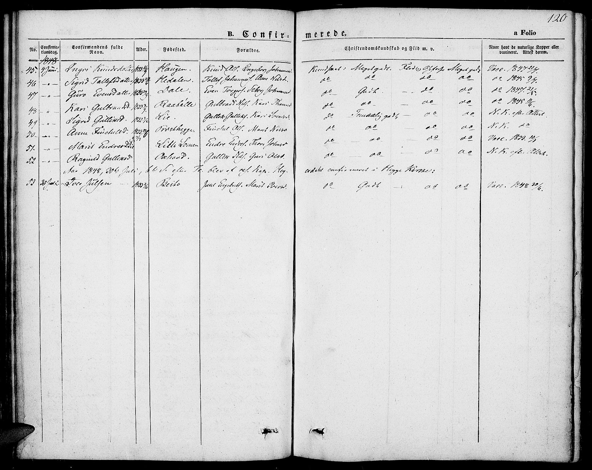 Slidre prestekontor, SAH/PREST-134/H/Ha/Haa/L0004: Parish register (official) no. 4, 1831-1848, p. 120