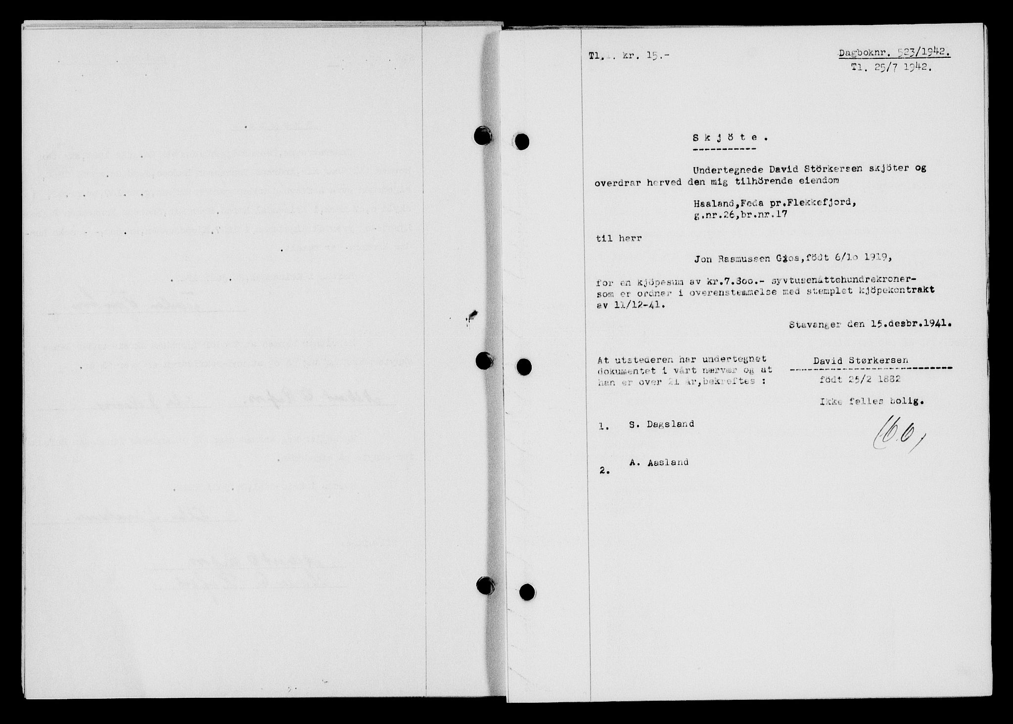 Flekkefjord sorenskriveri, SAK/1221-0001/G/Gb/Gba/L0057: Mortgage book no. A-5, 1941-1942, Diary no: : 523/1942