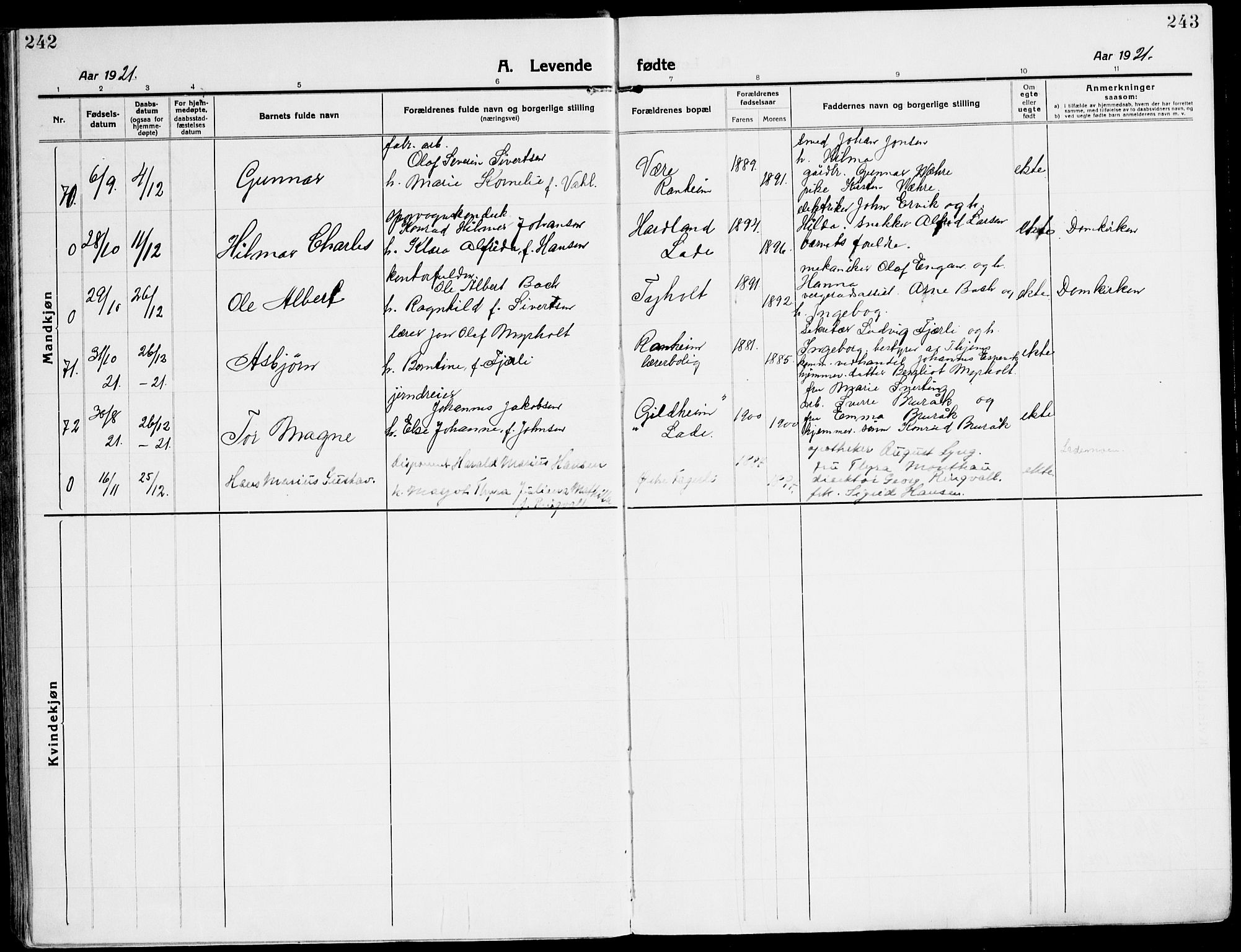 Ministerialprotokoller, klokkerbøker og fødselsregistre - Sør-Trøndelag, SAT/A-1456/607/L0321: Parish register (official) no. 607A05, 1916-1935, p. 242-243