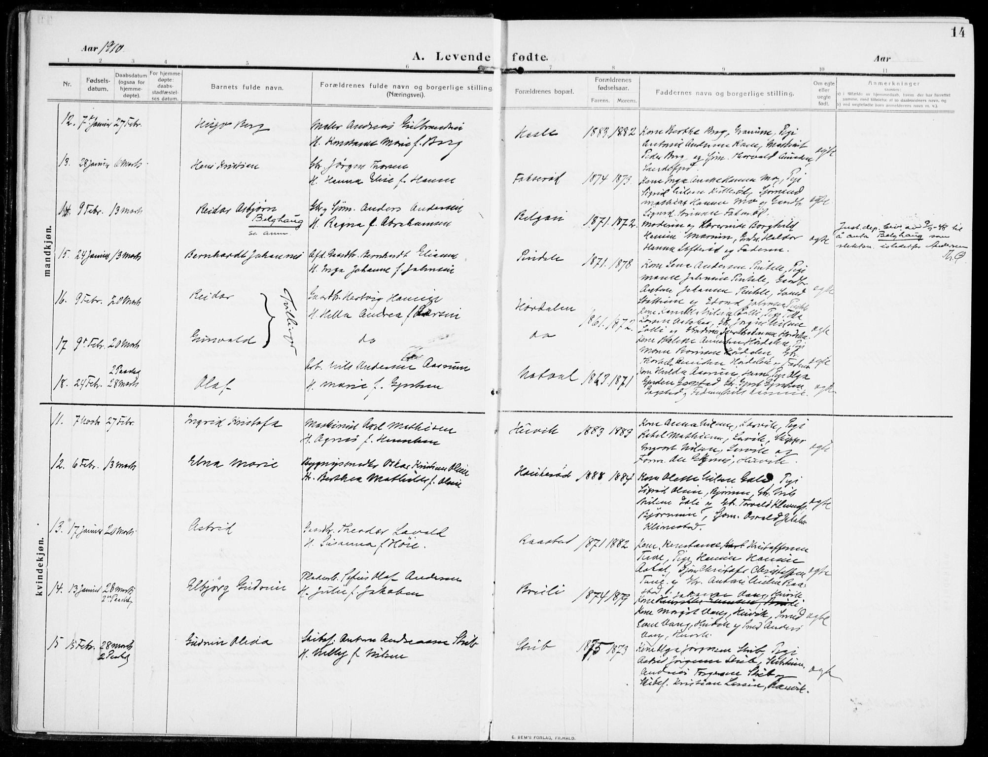 Sandar kirkebøker, AV/SAKO-A-243/F/Fa/L0016: Parish register (official) no. 16, 1909-1919, p. 14