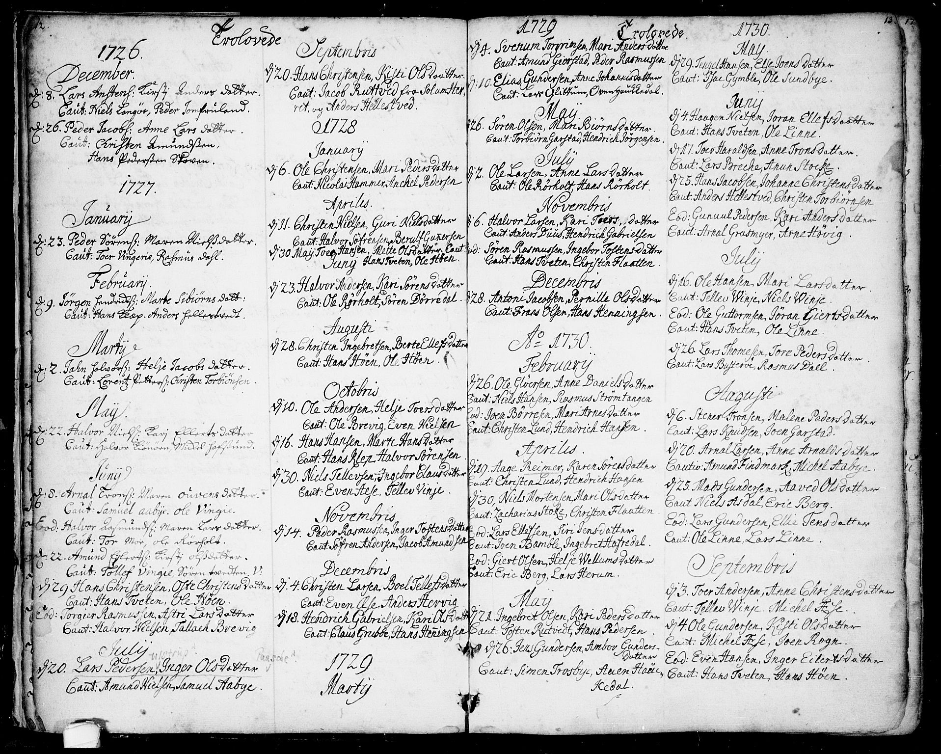 Bamble kirkebøker, SAKO/A-253/F/Fa/L0001: Parish register (official) no. I 1, 1702-1774, p. 12-13