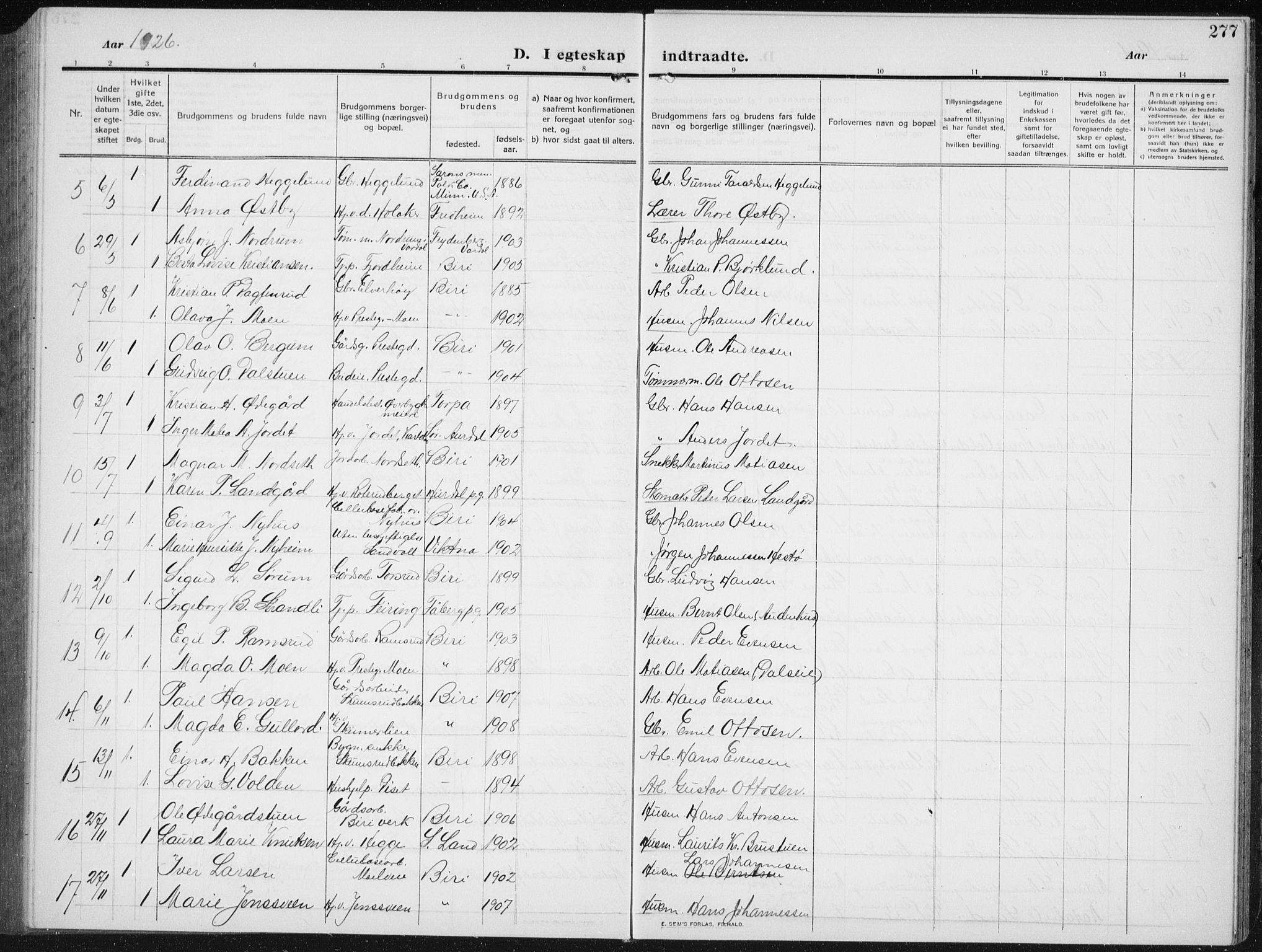 Biri prestekontor, SAH/PREST-096/H/Ha/Hab/L0006: Parish register (copy) no. 6, 1909-1938, p. 277