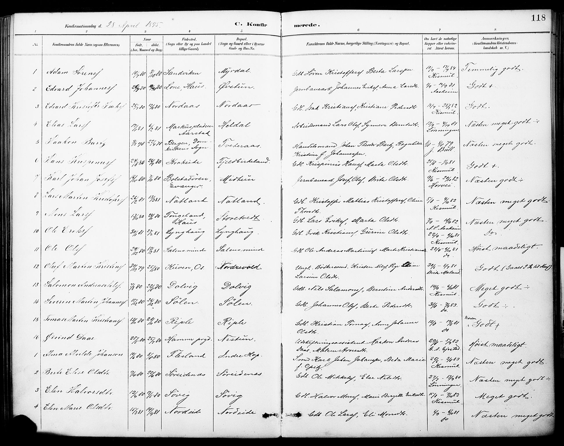 Fana Sokneprestembete, SAB/A-75101/H/Haa/Haai/L0002: Parish register (official) no. I 2, 1888-1899, p. 118