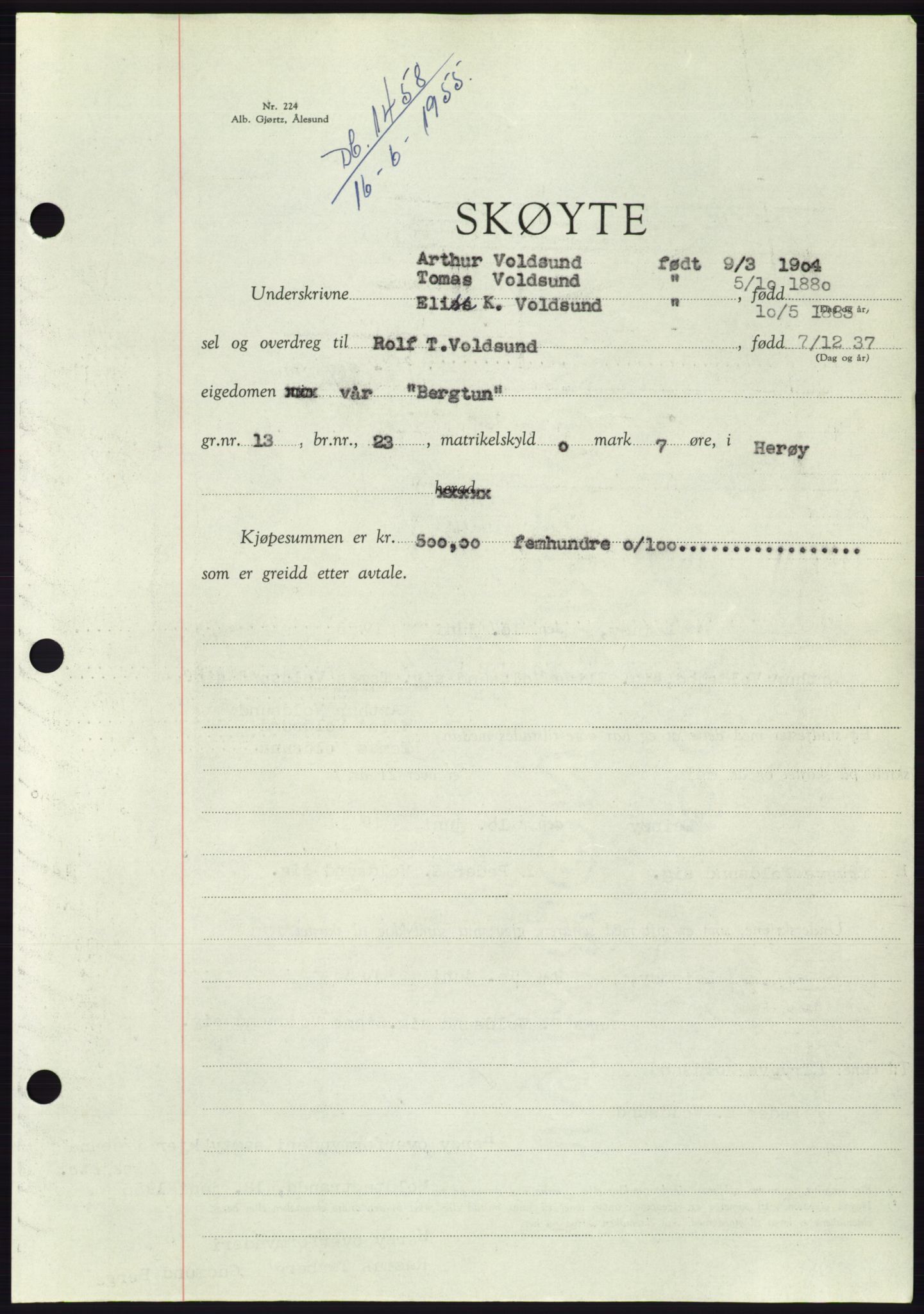 Søre Sunnmøre sorenskriveri, AV/SAT-A-4122/1/2/2C/L0101: Mortgage book no. 27A, 1955-1955, Diary no: : 1458/1955