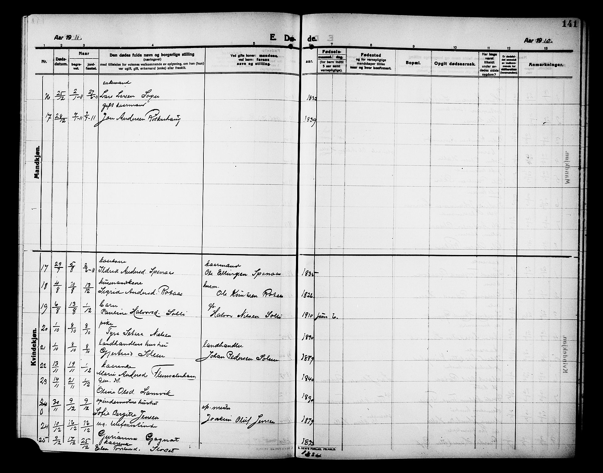 Ministerialprotokoller, klokkerbøker og fødselsregistre - Møre og Romsdal, AV/SAT-A-1454/586/L0993: Parish register (copy) no. 586C04, 1910-1918, p. 141