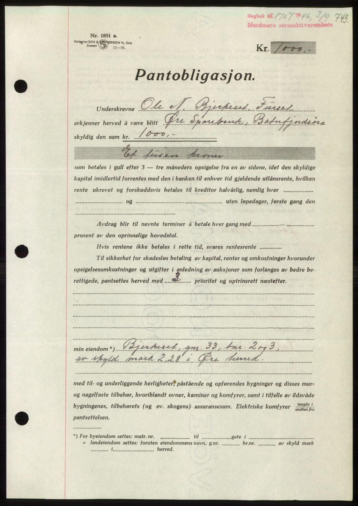 Nordmøre sorenskriveri, AV/SAT-A-4132/1/2/2Ca: Mortgage book no. B94, 1946-1946, Diary no: : 1707/1946