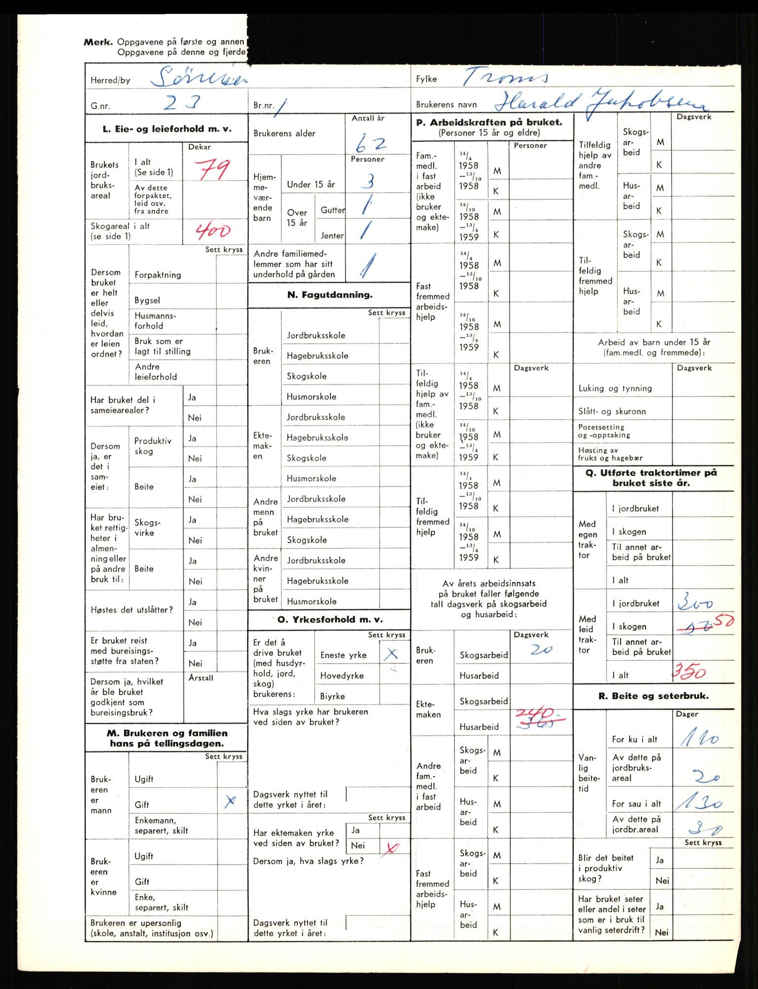 Statistisk sentralbyrå, Næringsøkonomiske emner, Jordbruk, skogbruk, jakt, fiske og fangst, AV/RA-S-2234/G/Gd/L0656: Troms: 1924 Målselv (kl. 0-3) og 1925 Sørreisa, 1959, p. 2100