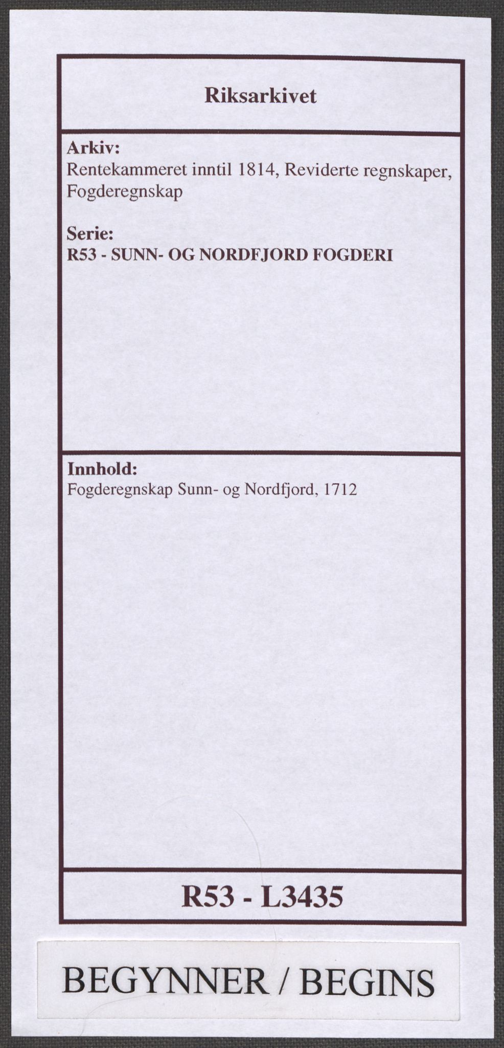 Rentekammeret inntil 1814, Reviderte regnskaper, Fogderegnskap, RA/EA-4092/R53/L3435: Fogderegnskap Sunn- og Nordfjord, 1712, p. 1