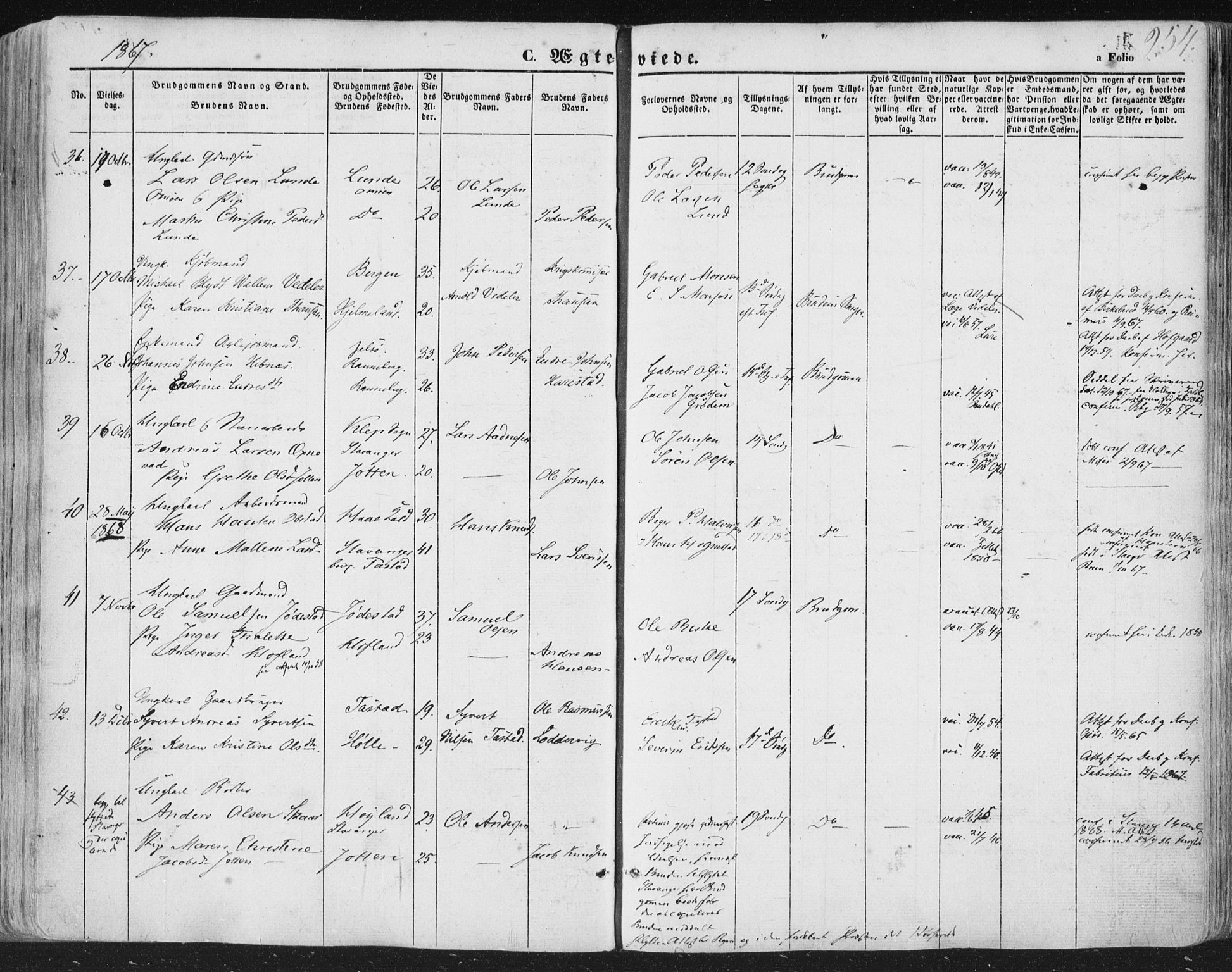 Hetland sokneprestkontor, AV/SAST-A-101826/30/30BA/L0002: Parish register (official) no. A 2, 1849-1869, p. 254