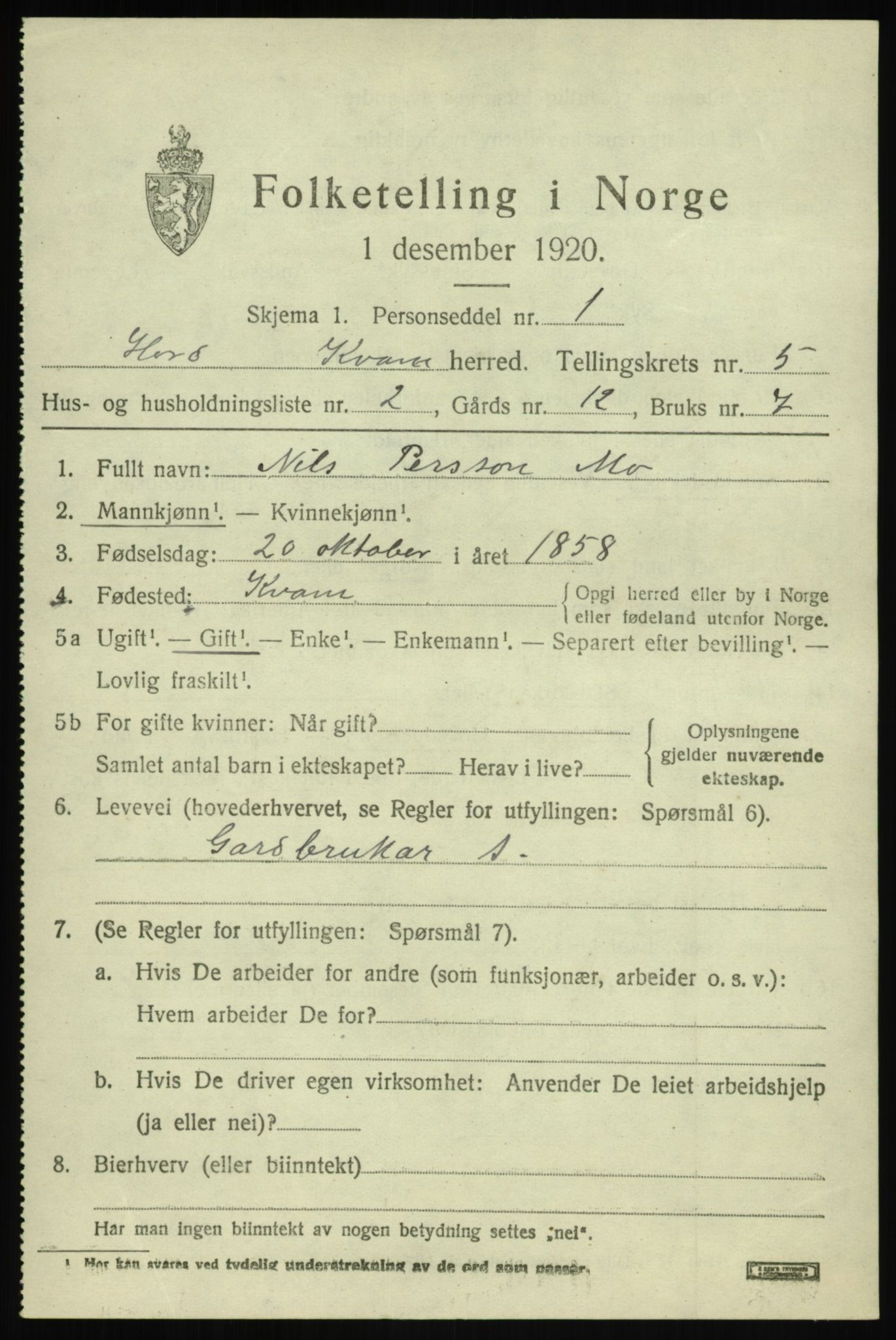 SAB, 1920 census for Kvam, 1920, p. 3783
