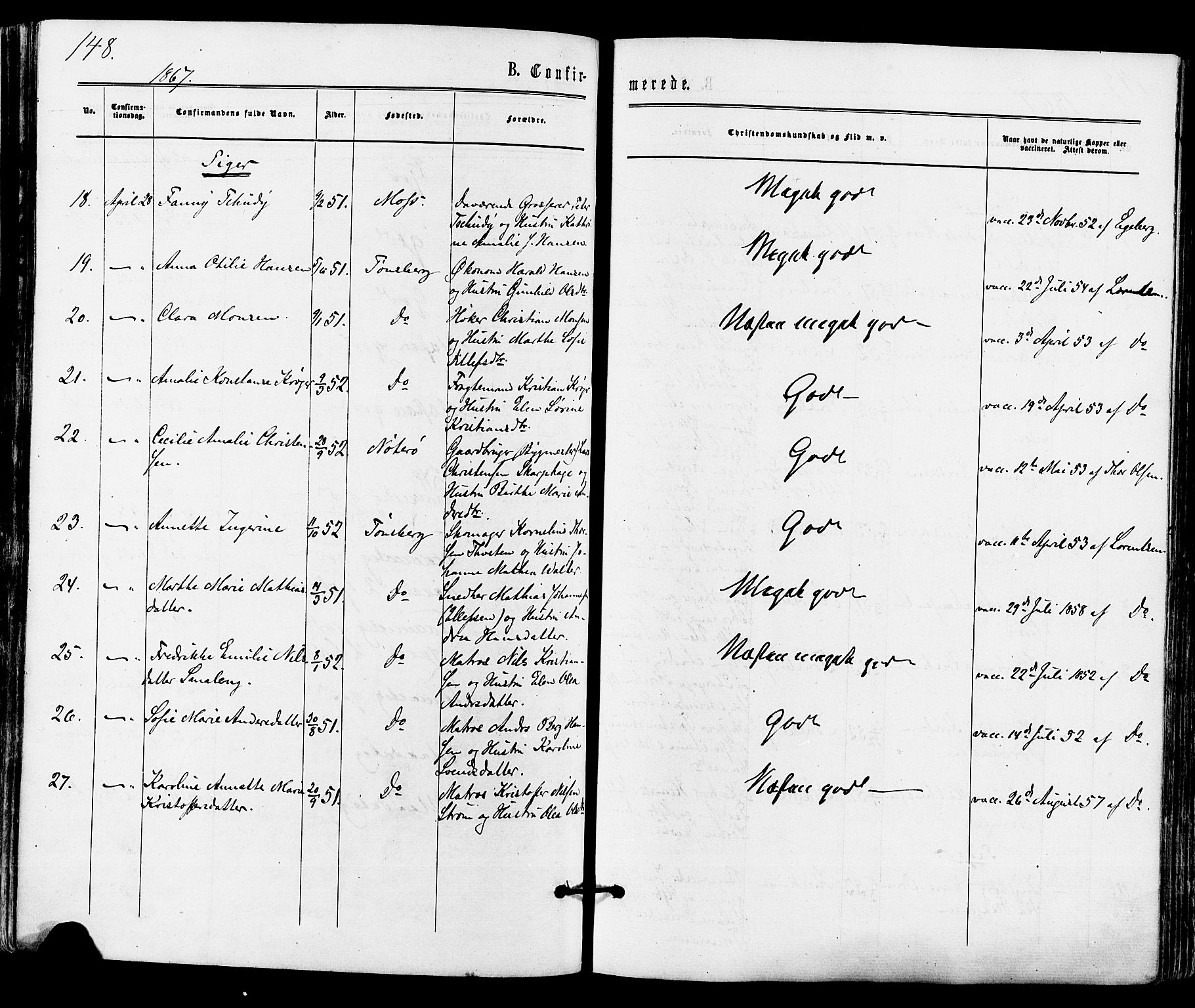 Tønsberg kirkebøker, AV/SAKO-A-330/F/Fa/L0009: Parish register (official) no. I 9, 1865-1873, p. 148