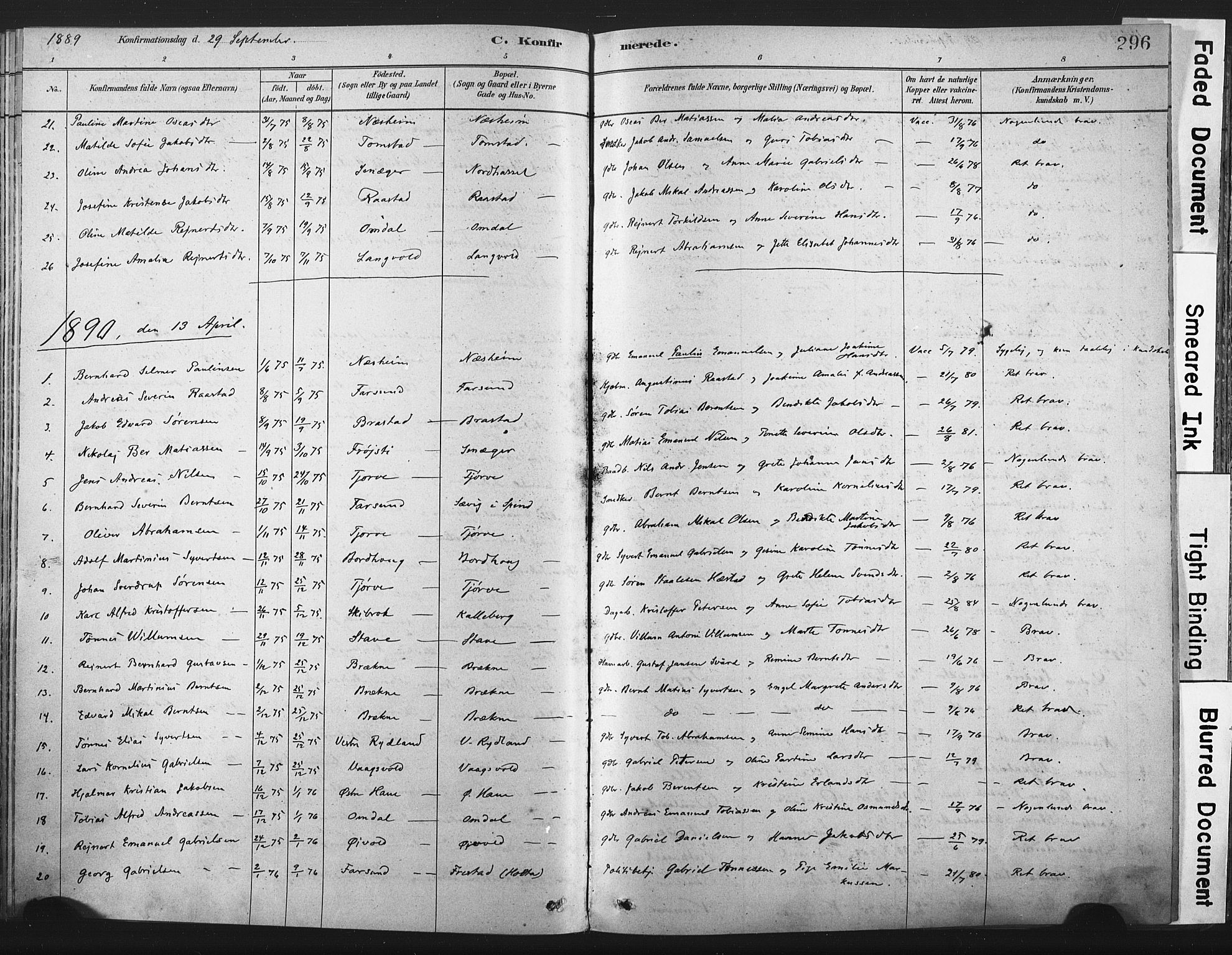 Lista sokneprestkontor, AV/SAK-1111-0027/F/Fa/L0012: Parish register (official) no. A 12, 1879-1903, p. 296