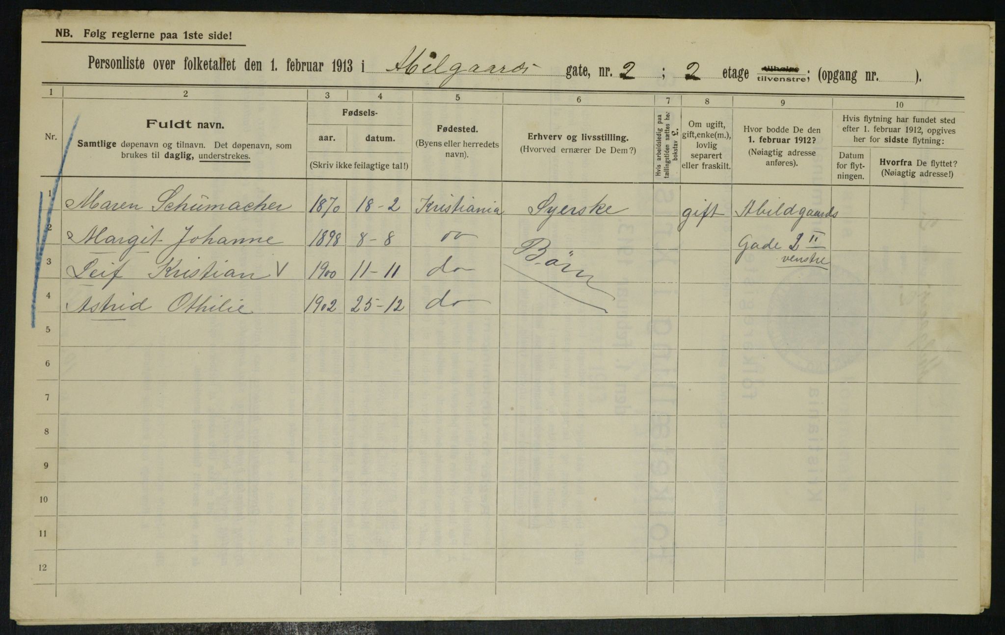 OBA, Municipal Census 1913 for Kristiania, 1913, p. 12