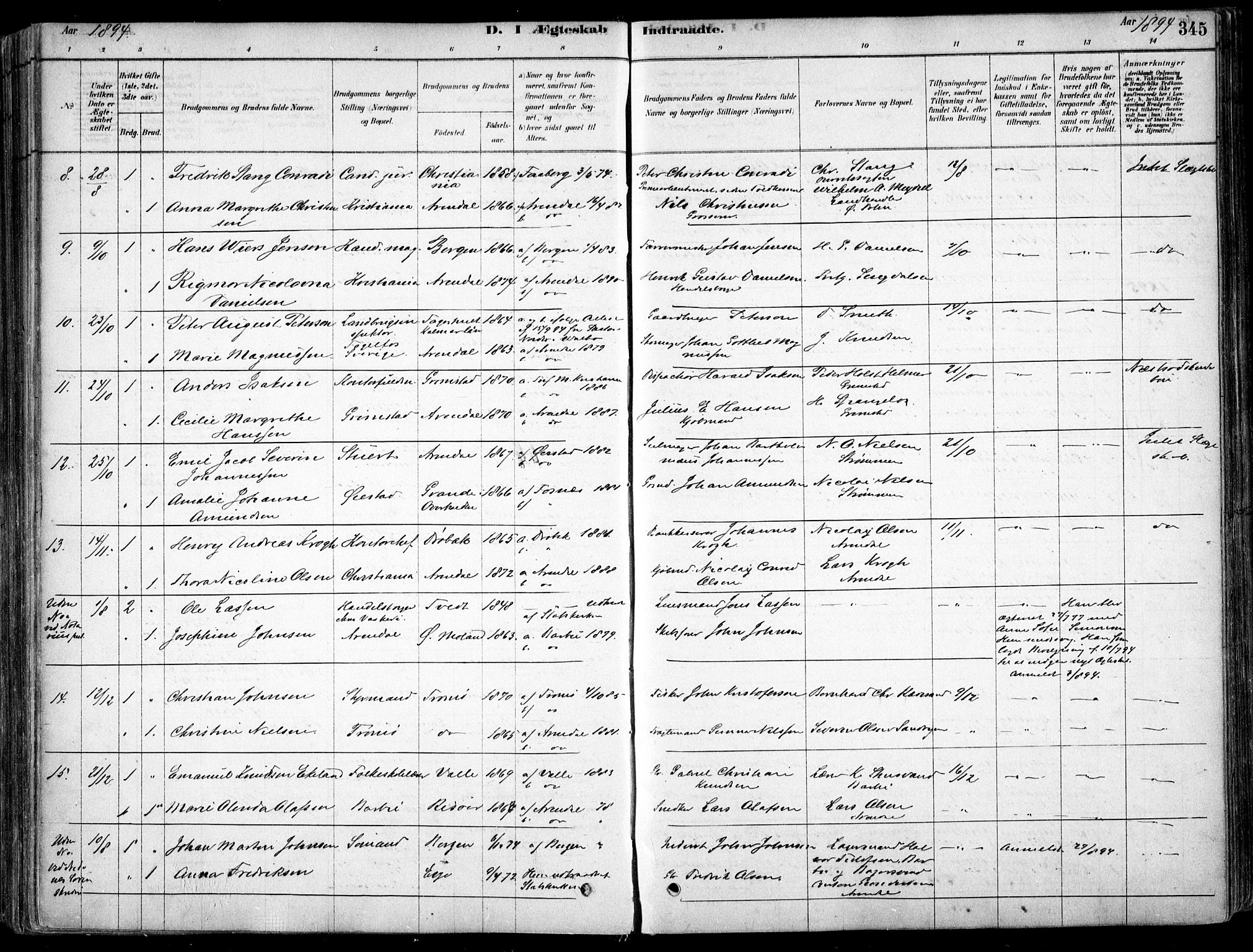 Arendal sokneprestkontor, Trefoldighet, SAK/1111-0040/F/Fa/L0008: Parish register (official) no. A 8, 1878-1899, p. 345