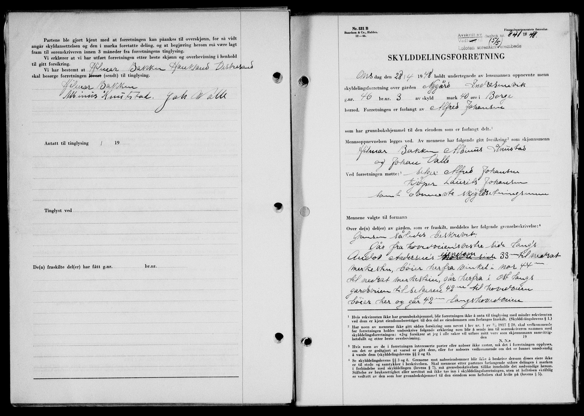 Lofoten sorenskriveri, SAT/A-0017/1/2/2C/L0018a: Mortgage book no. 18a, 1948-1948, Diary no: : 841/1948