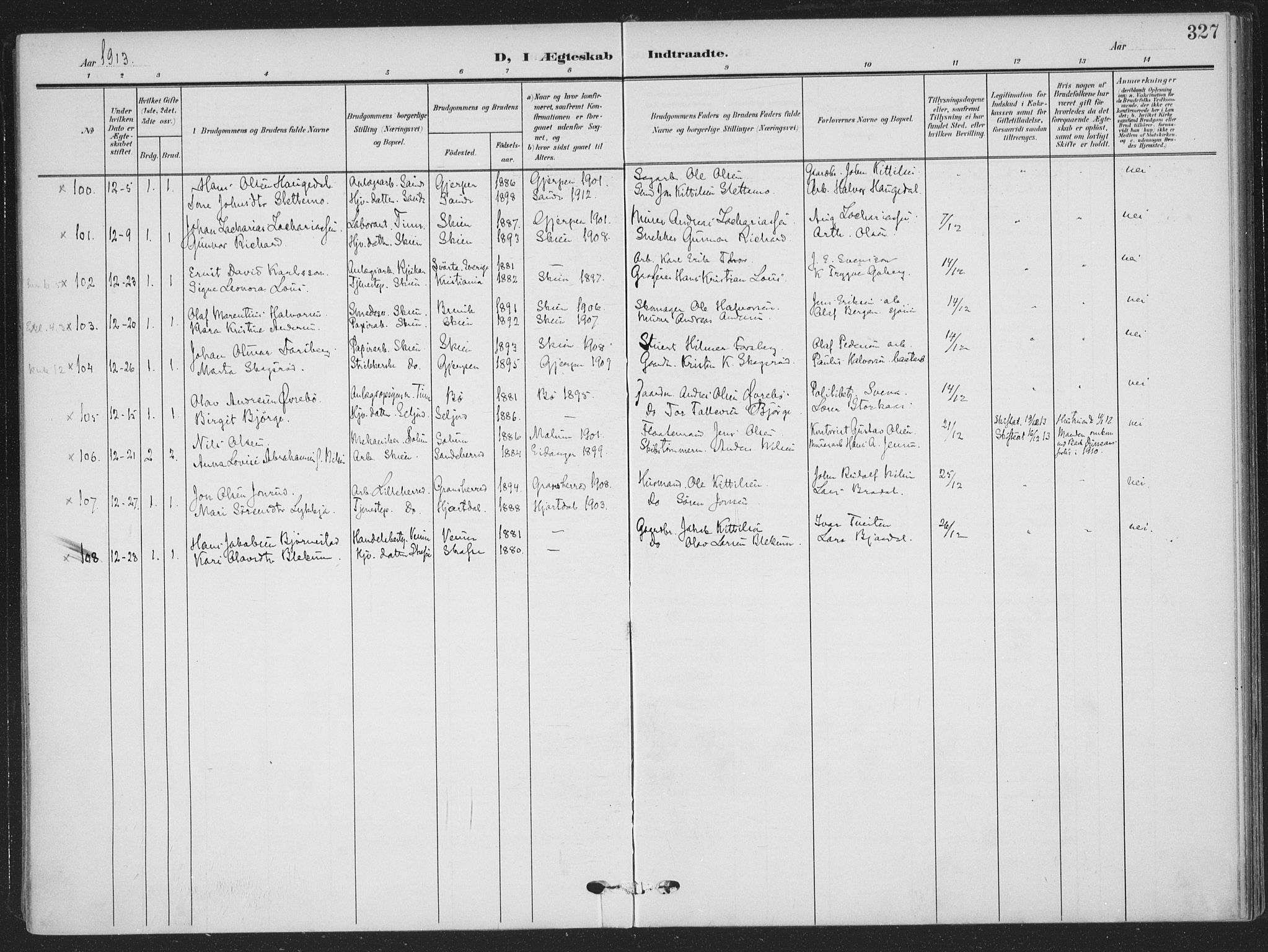 Skien kirkebøker, AV/SAKO-A-302/F/Fa/L0012: Parish register (official) no. 12, 1908-1914, p. 327