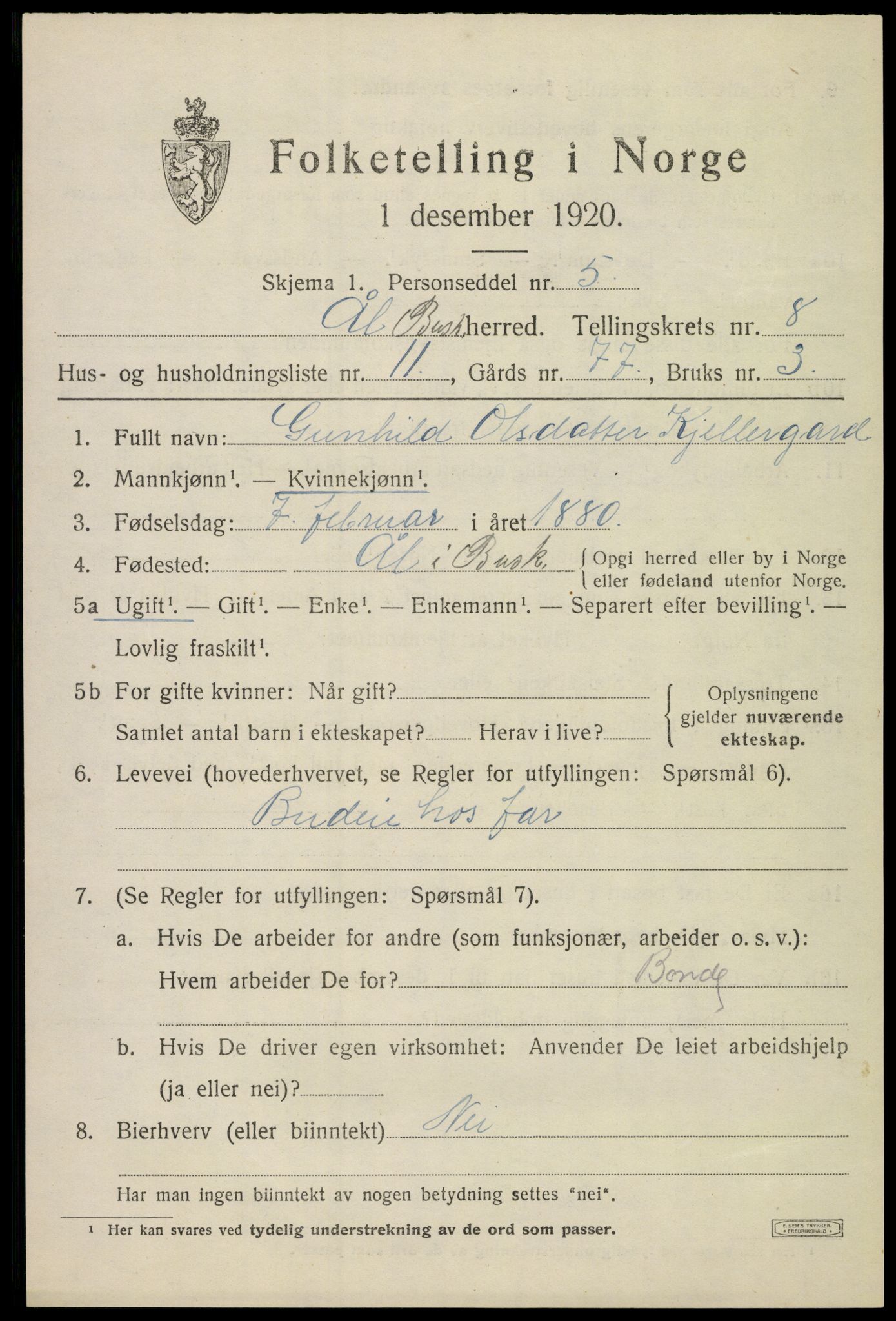 SAKO, 1920 census for Ål, 1920, p. 5446