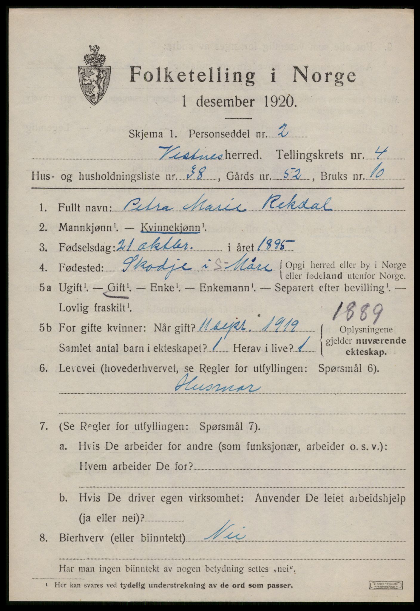 SAT, 1920 census for Vestnes, 1920, p. 3733