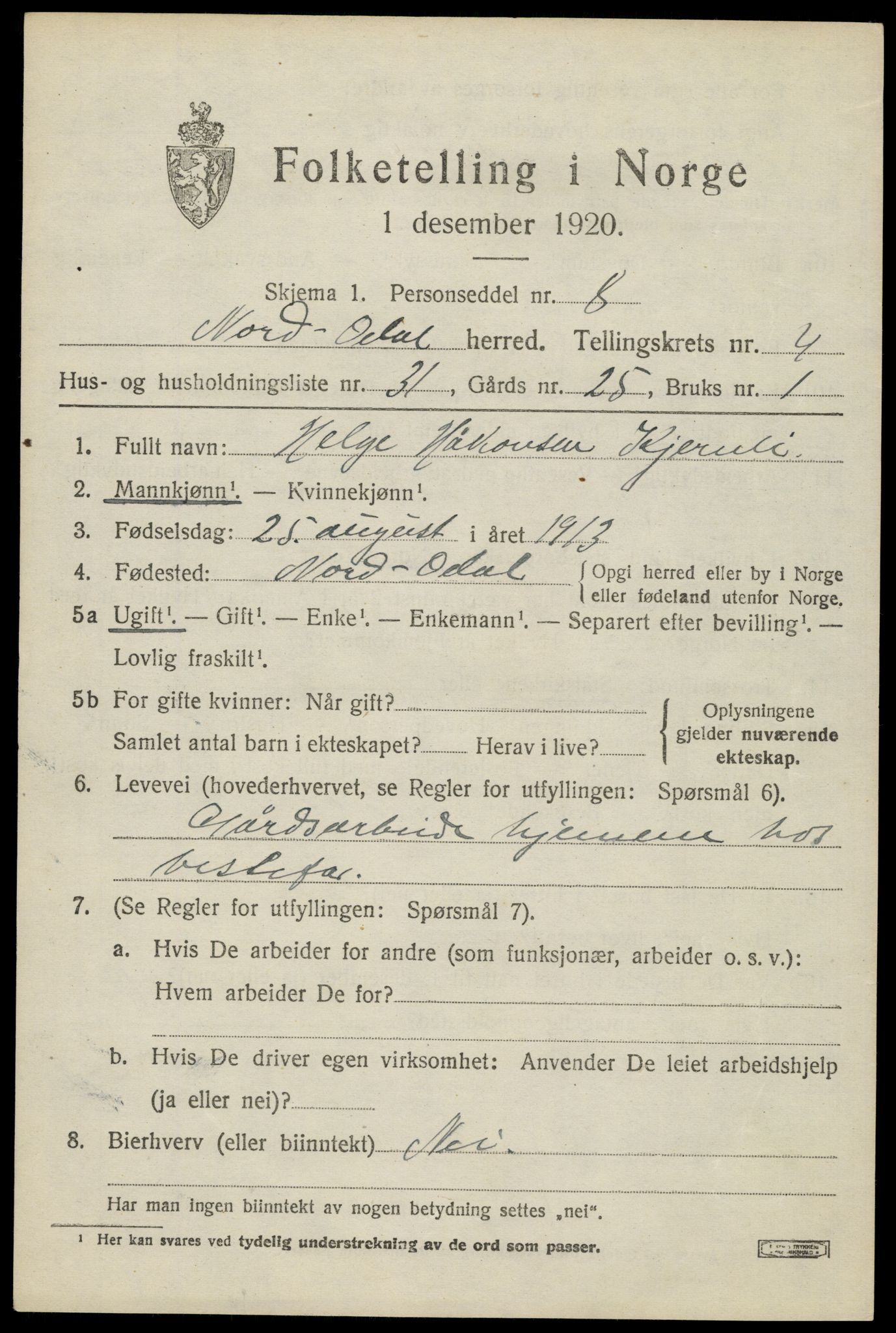 SAH, 1920 census for Nord-Odal, 1920, p. 5021