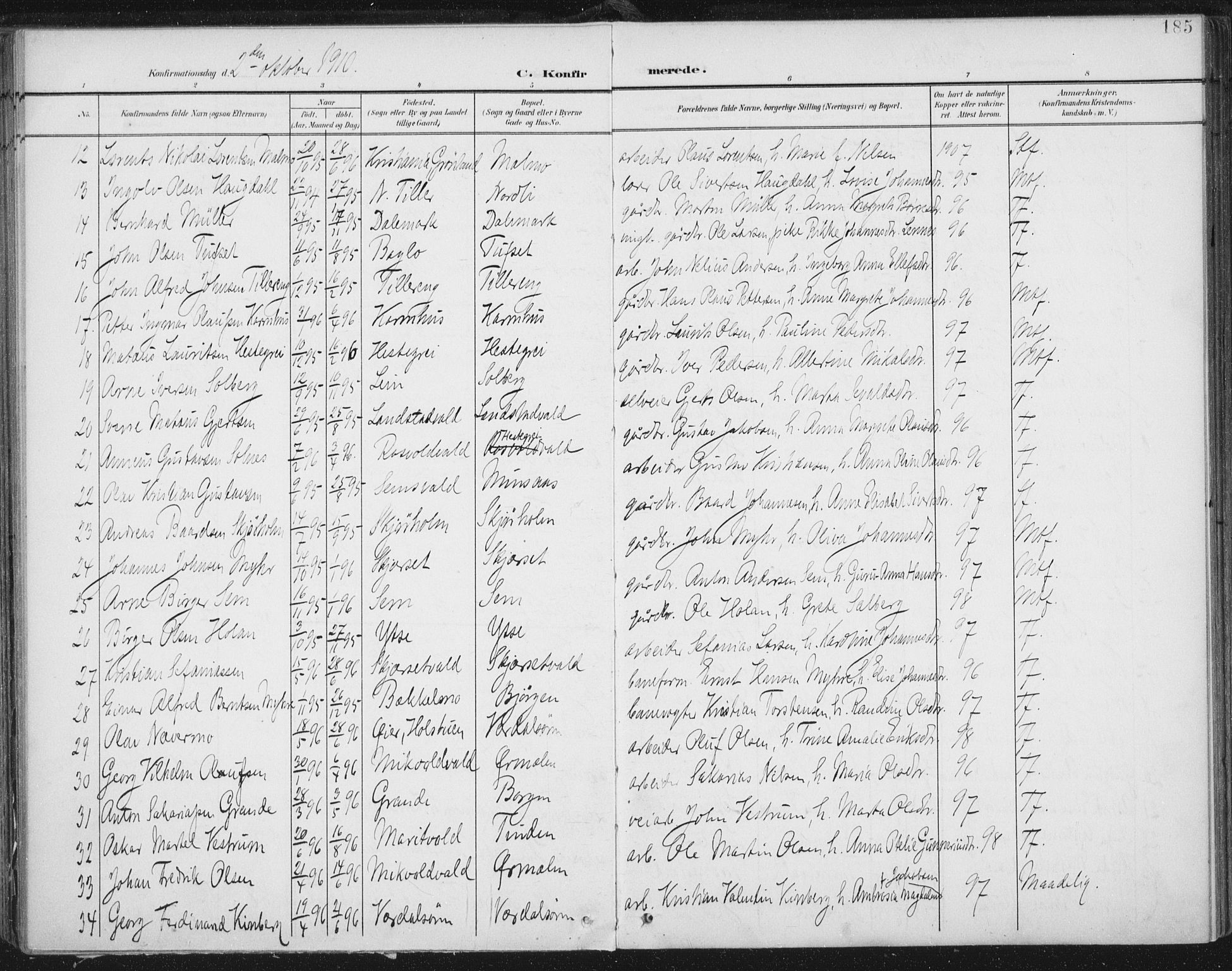 Ministerialprotokoller, klokkerbøker og fødselsregistre - Nord-Trøndelag, SAT/A-1458/723/L0246: Parish register (official) no. 723A15, 1900-1917, p. 185
