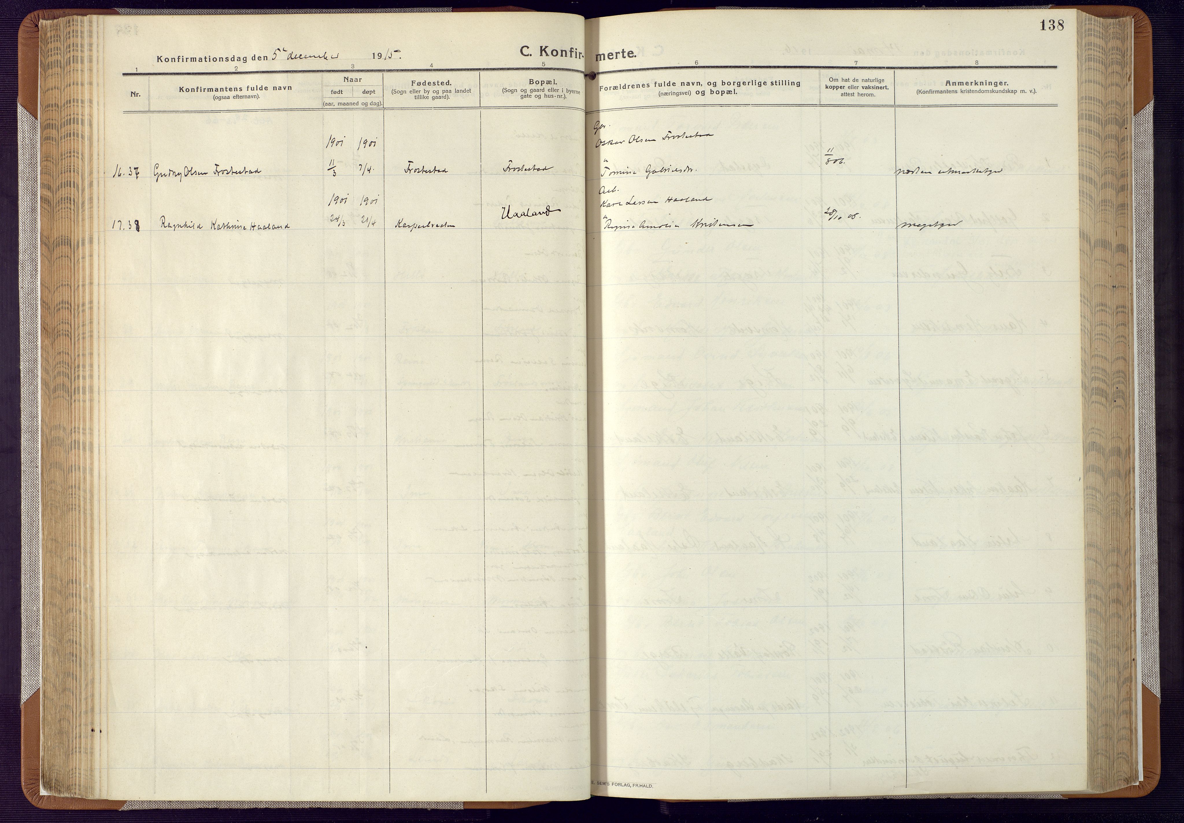 Mandal sokneprestkontor, AV/SAK-1111-0030/F/Fa/Faa/L0022: Parish register (official) no. A 22, 1913-1925, p. 138