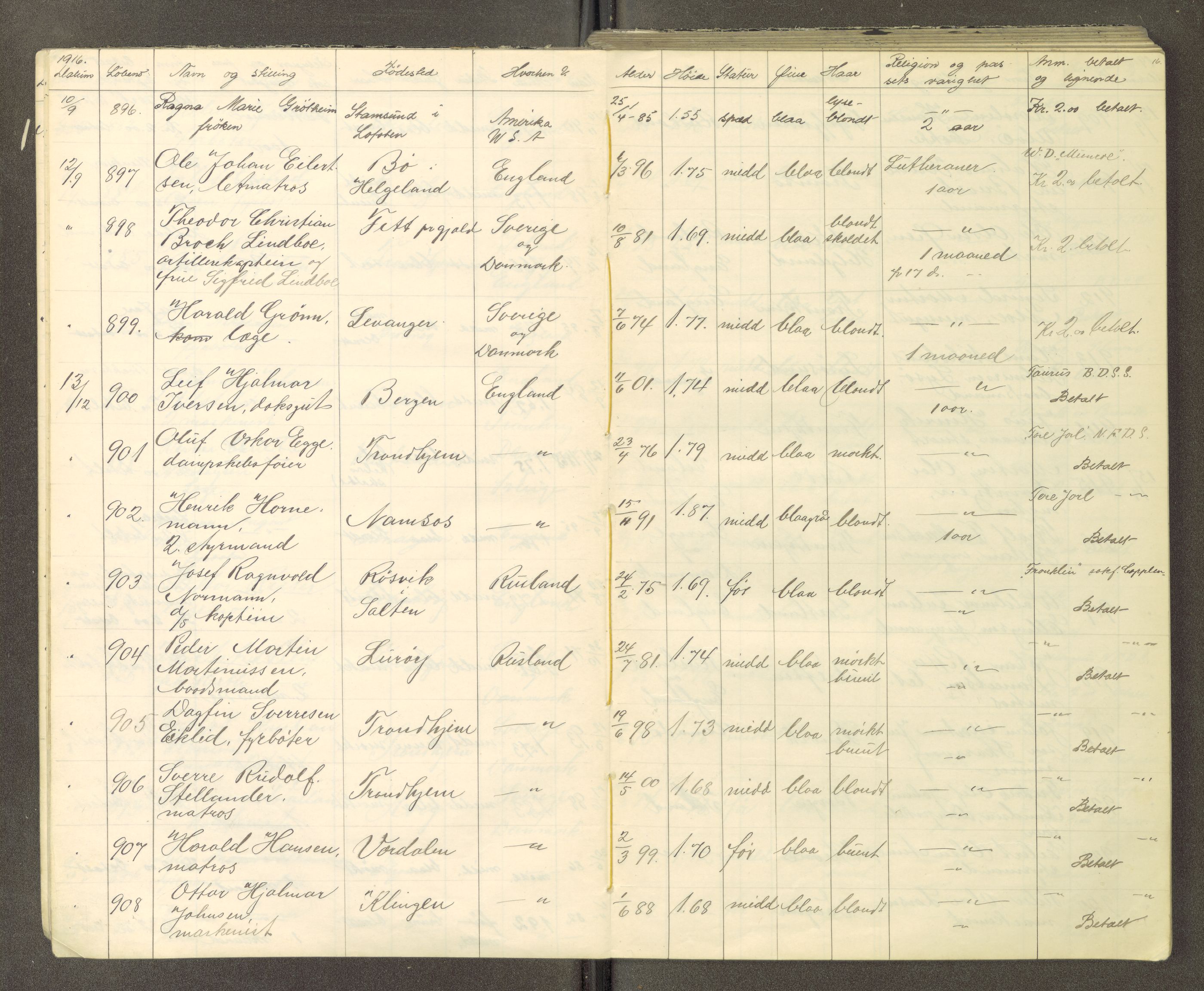 Trondheim politikammer, AV/SAT-A-1887/1/30/L0015: Passprotokoll. Utstedte pass, 1916-1918, p. 16