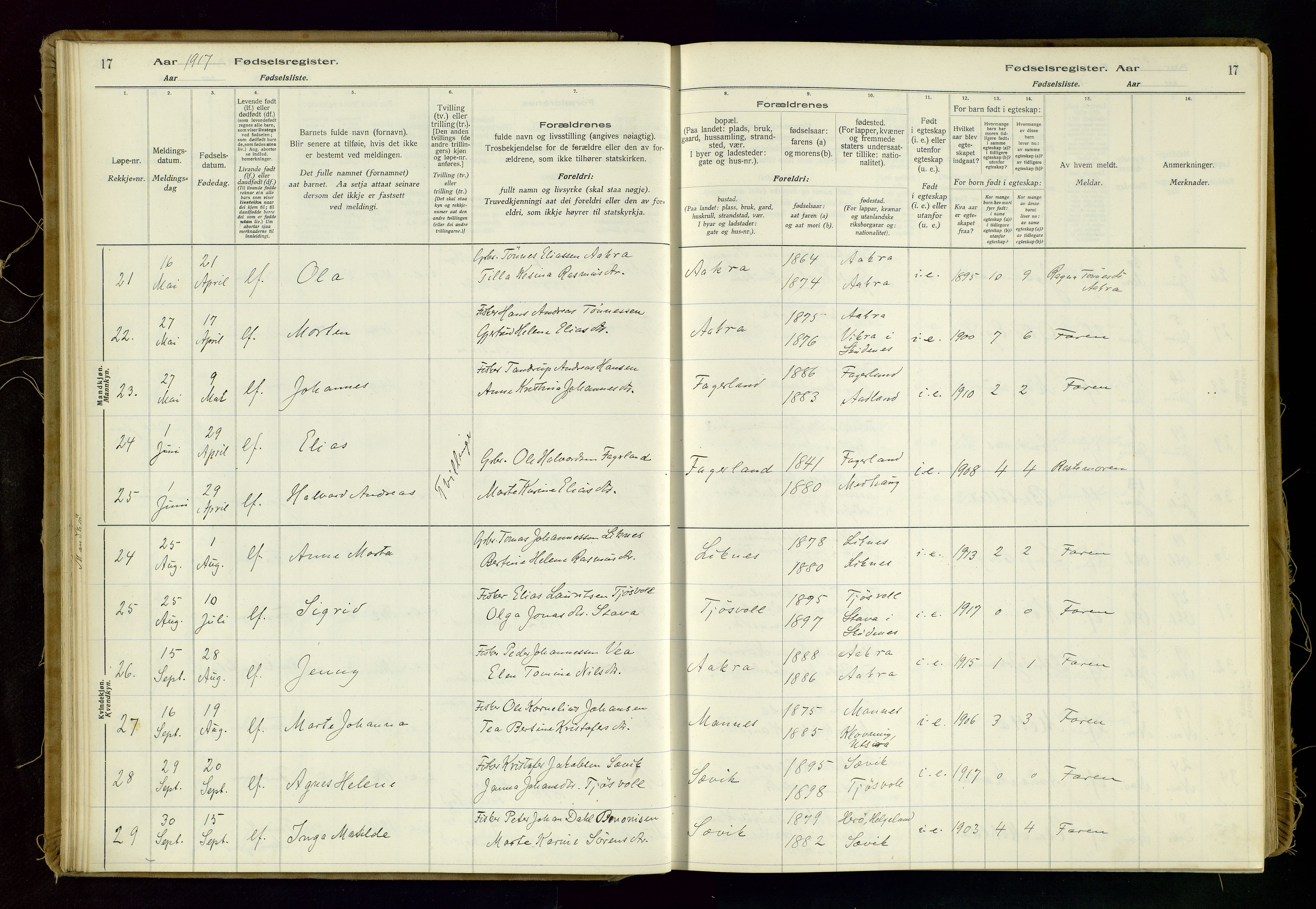 Kopervik sokneprestkontor, AV/SAST-A-101850/I/Id/L0006: Birth register no. 6, 1916-1934, p. 17