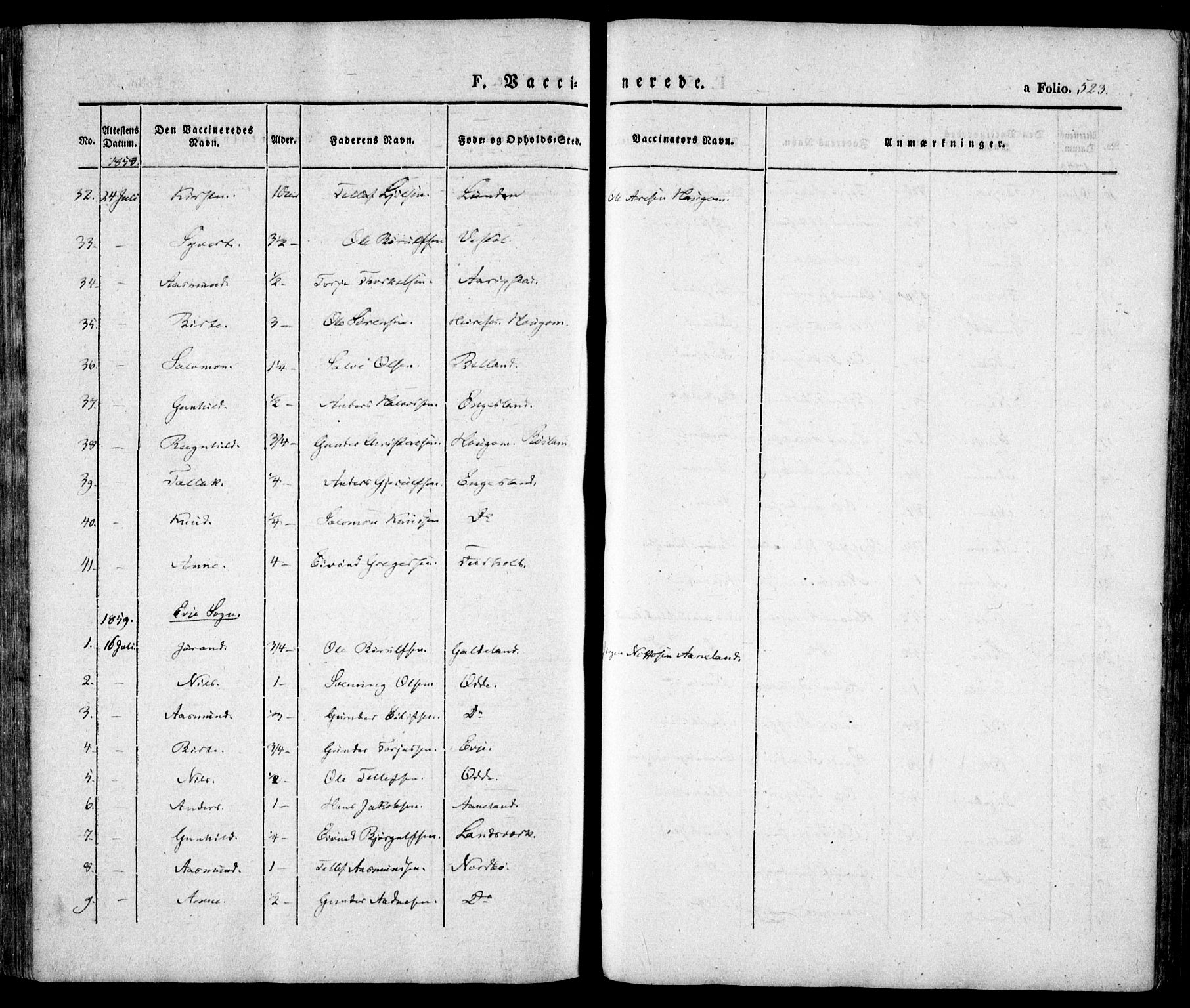Evje sokneprestkontor, SAK/1111-0008/F/Fa/Faa/L0005: Parish register (official) no. A 5, 1843-1865, p. 523