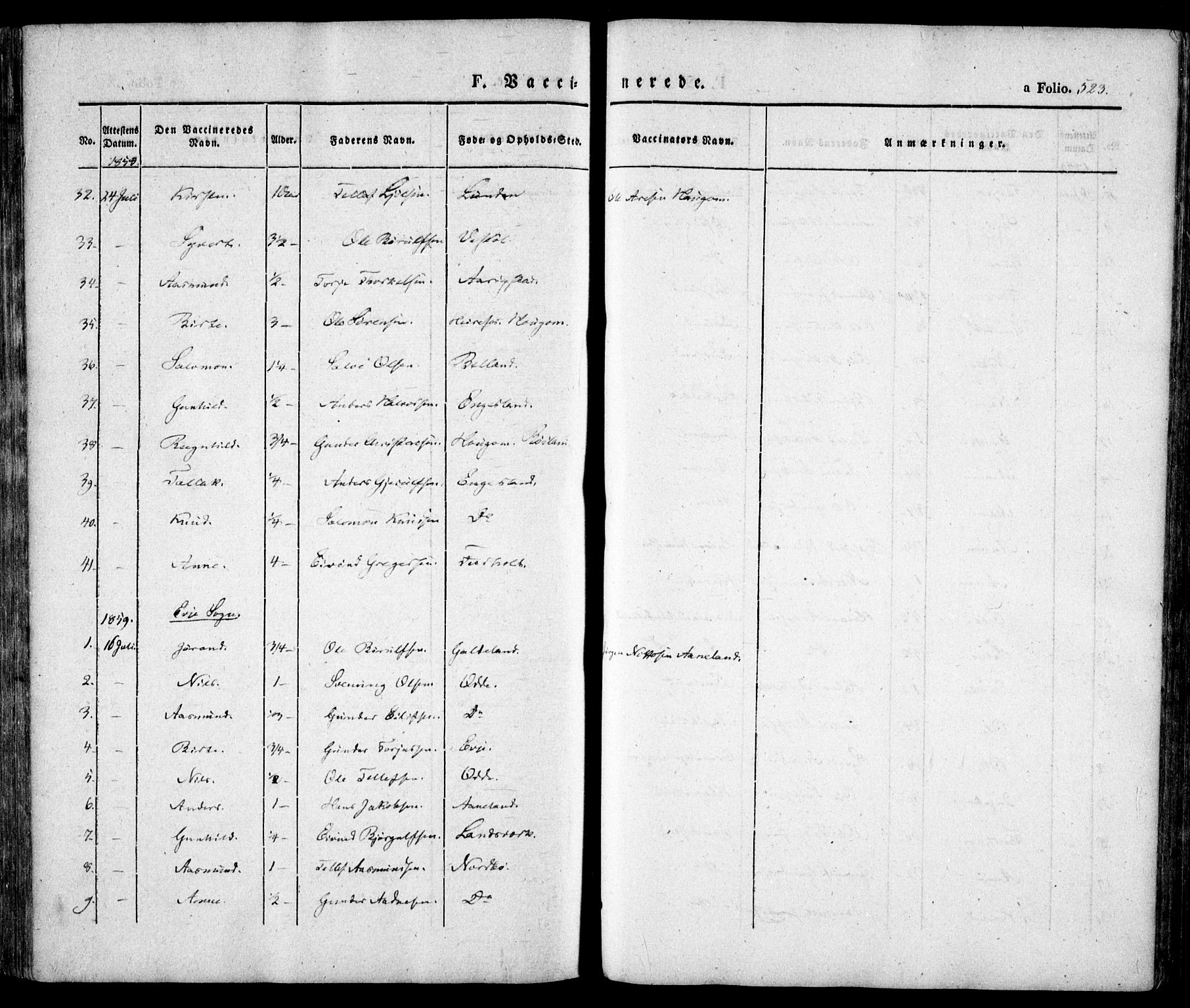 Evje sokneprestkontor, AV/SAK-1111-0008/F/Fa/Faa/L0005: Parish register (official) no. A 5, 1843-1865, p. 523