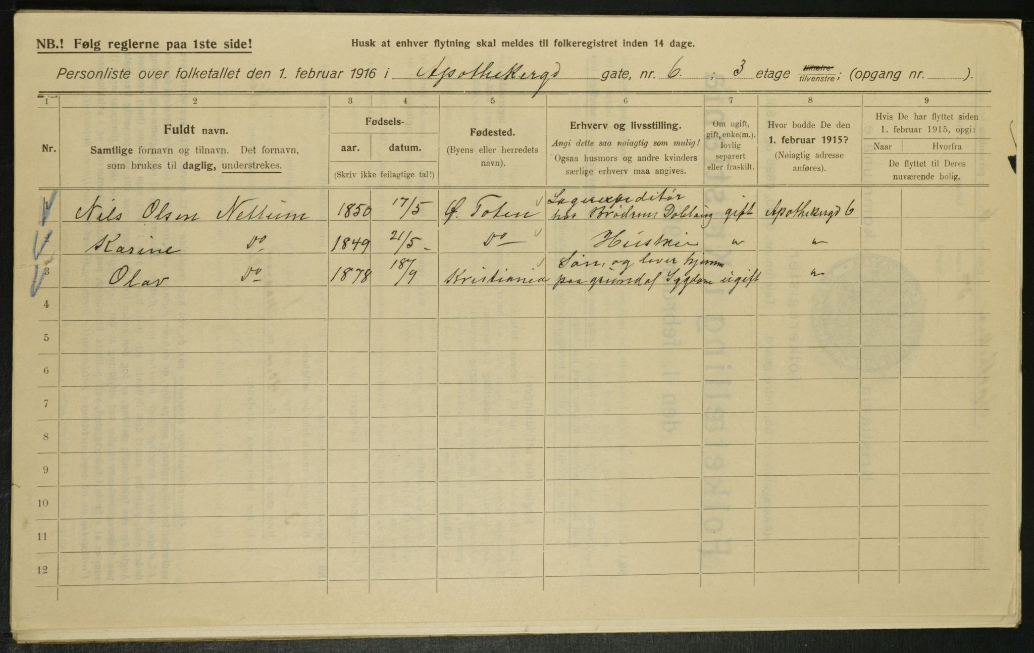 OBA, Municipal Census 1916 for Kristiania, 1916, p. 1395