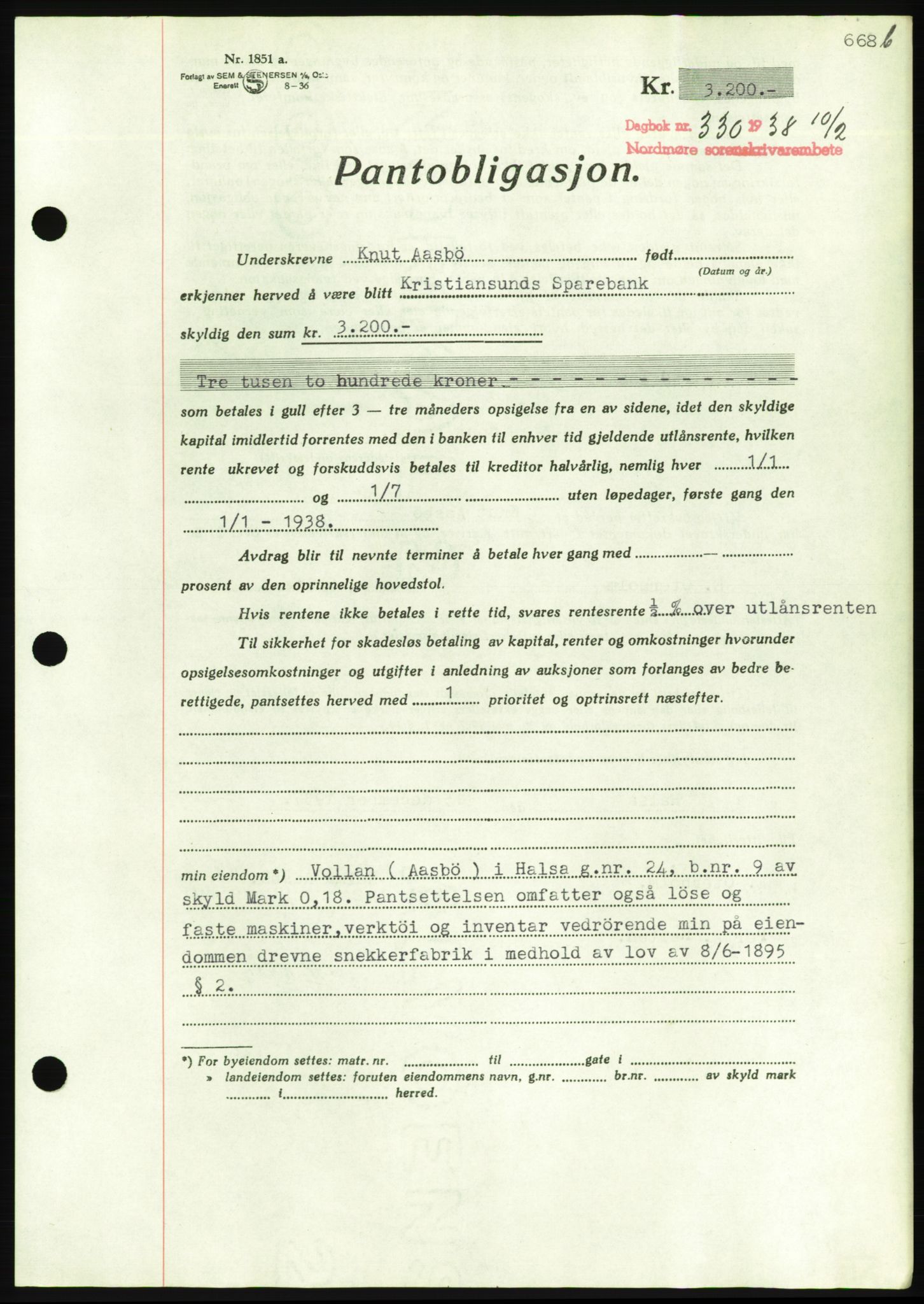 Nordmøre sorenskriveri, AV/SAT-A-4132/1/2/2Ca/L0092: Mortgage book no. B82, 1937-1938, Diary no: : 330/1938