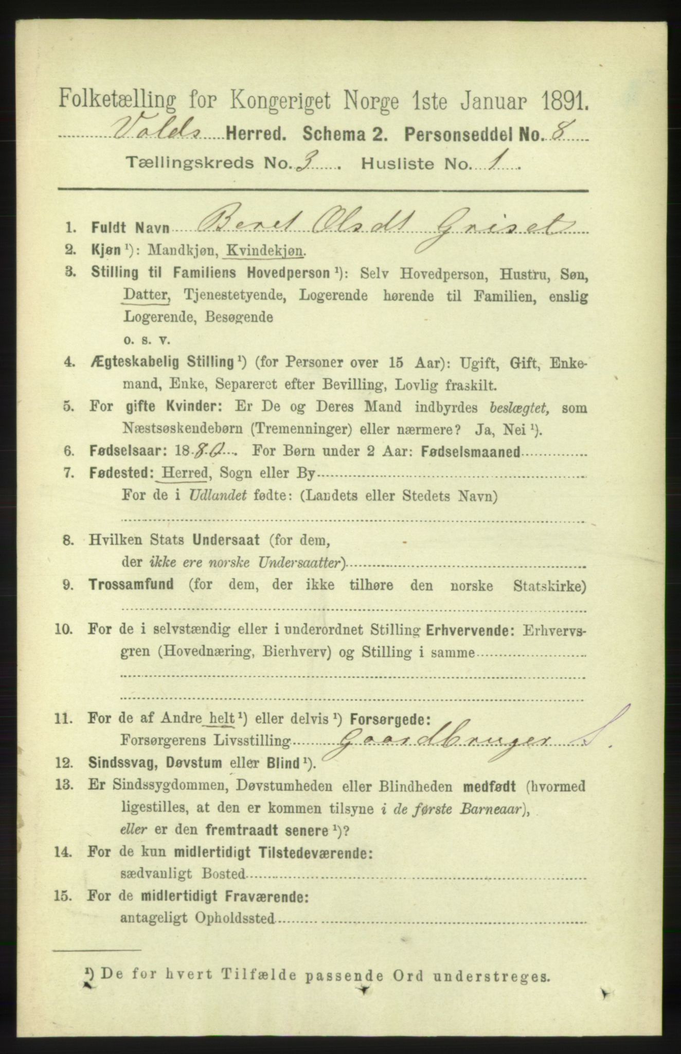 RA, 1891 census for 1537 Voll, 1891, p. 962