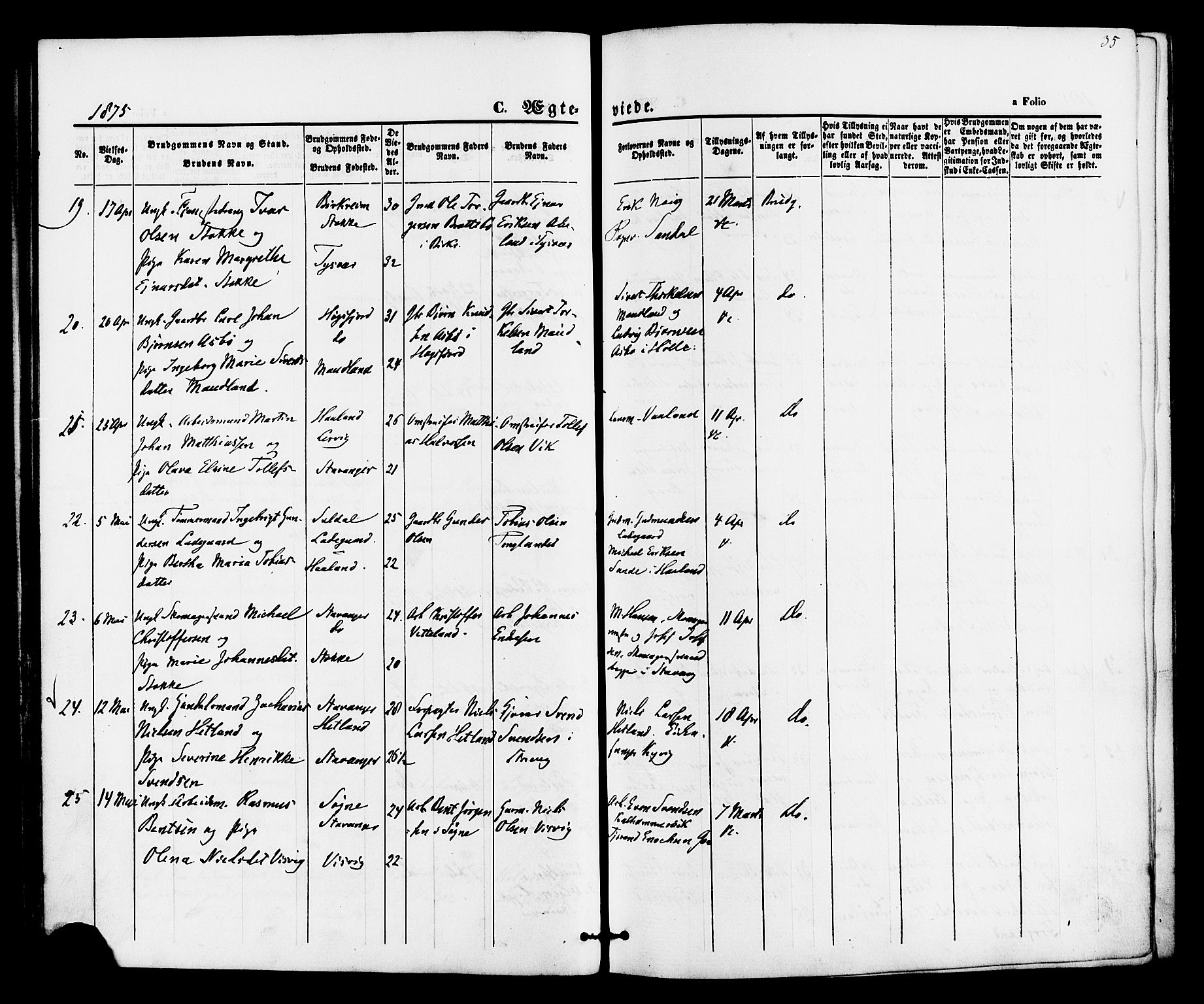 Hetland sokneprestkontor, AV/SAST-A-101826/30/30BA/L0005: Parish register (official) no. A 5, 1869-1884, p. 35