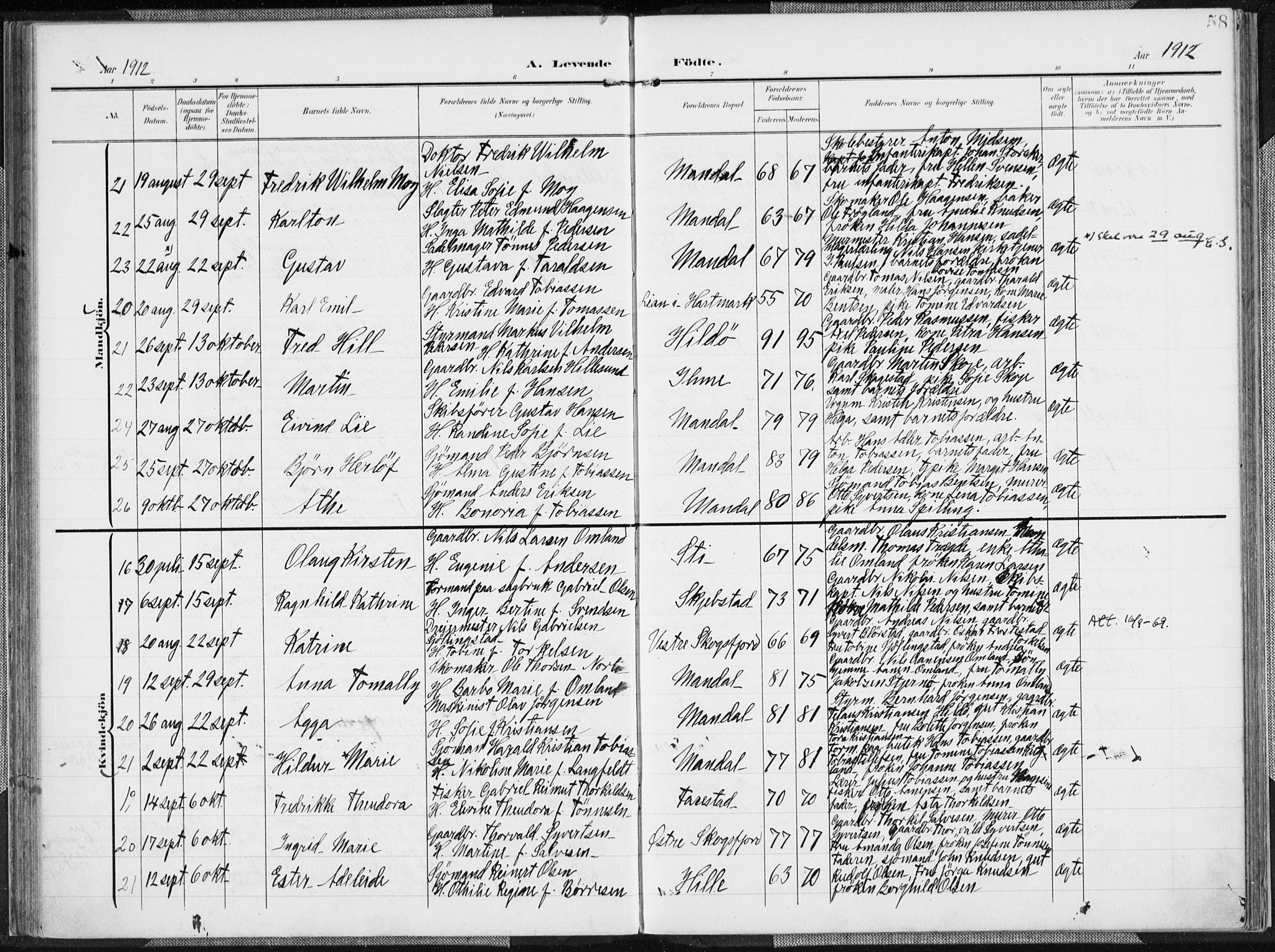 Mandal sokneprestkontor, AV/SAK-1111-0030/F/Fa/Faa/L0020: Parish register (official) no. A 20, 1906-1912, p. 58