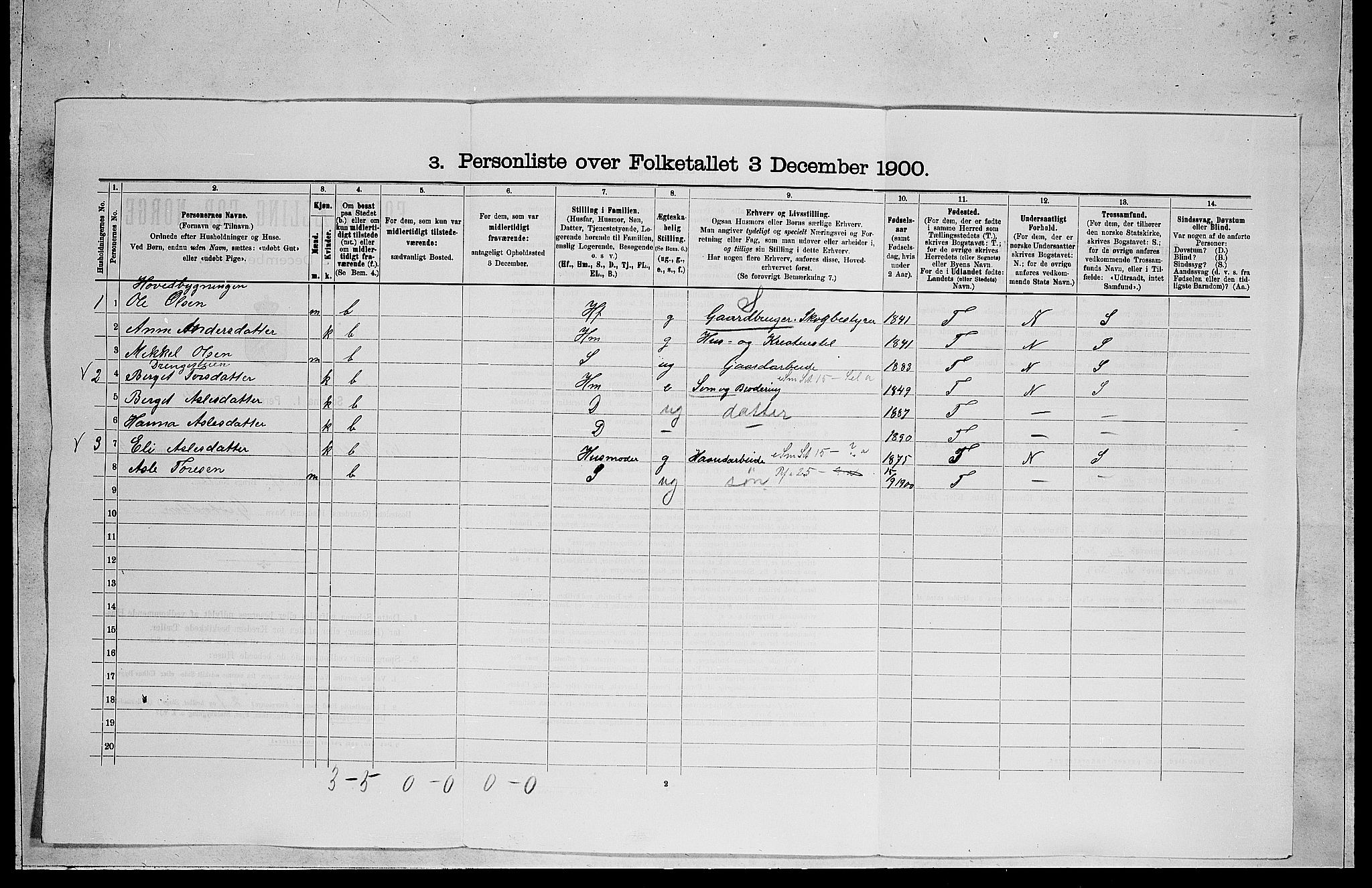 RA, 1900 census for Nes, 1900, p. 625